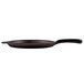 A Tablecraft black cast aluminum pizza tray with a handle.