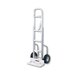 A close-up of a silver Harper hand truck with pneumatic wheels.
