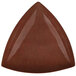 A maroon triangle shaped bowl with a brown rim.
