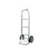A close-up of the Harper M-Series Single Pin Handle Aluminum Hand Truck with solid rubber wheels.