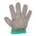 A Victorinox stainless steel mesh glove with a green band.