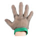 A hand wearing a Victorinox green cut resistant mesh glove.