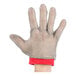 A hand wearing a red chain mesh glove.