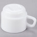 An Arcoroc white opal cup with a handle and a white plastic lid.