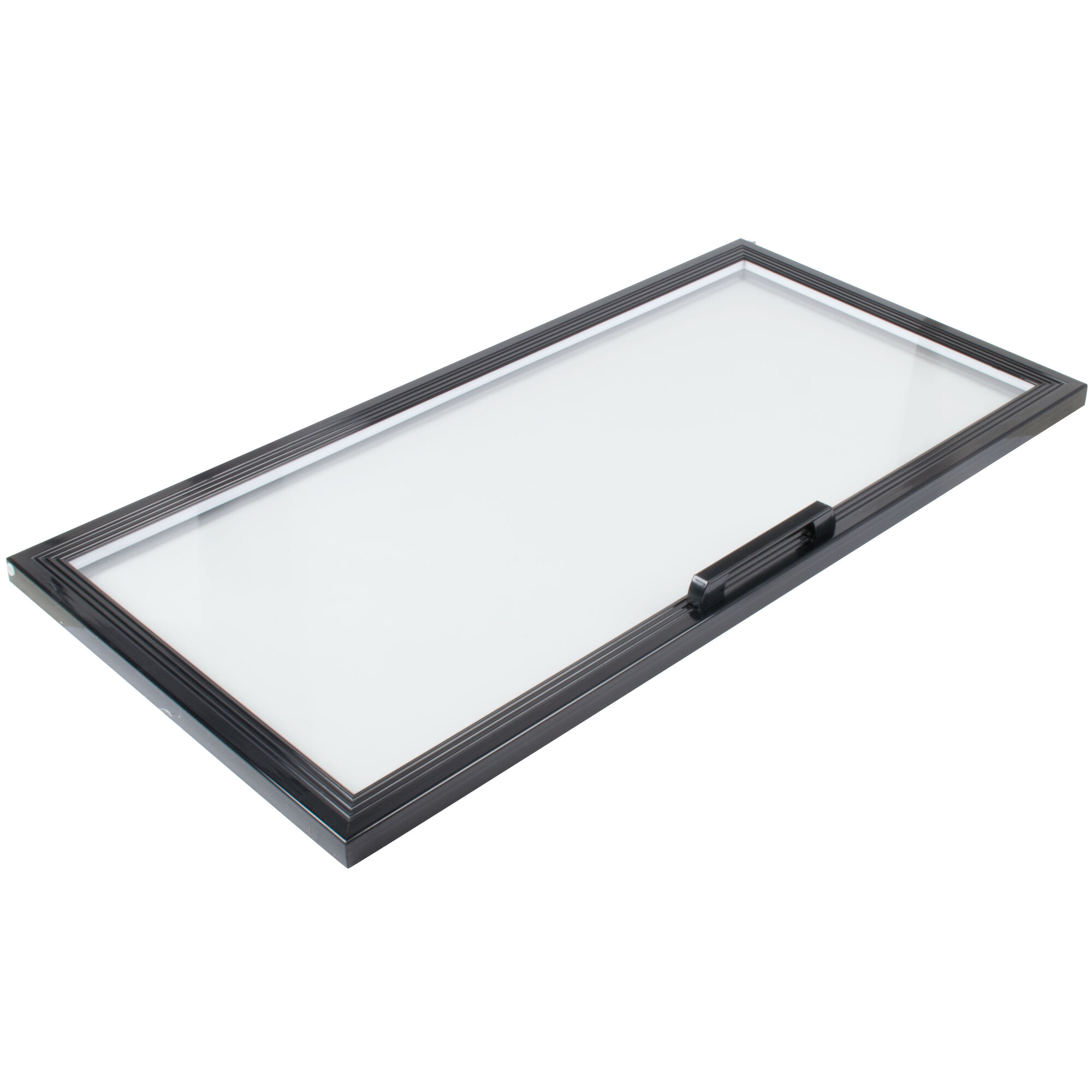 A black rectangular glass door with a white frame.