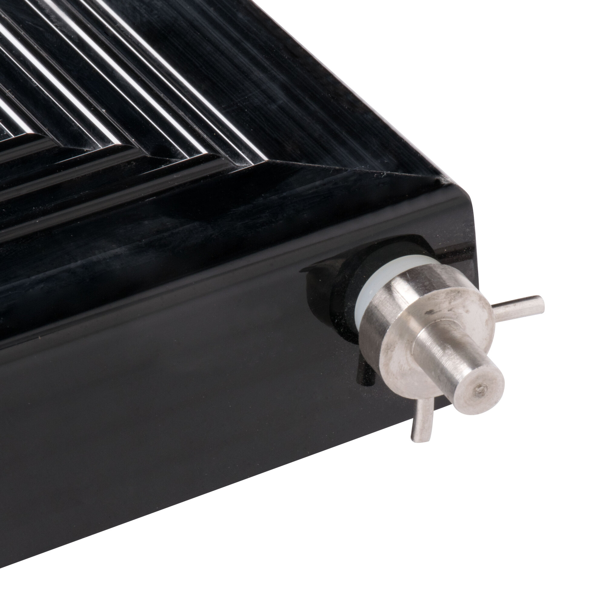 A close-up of a black metal door with a silver knob for an Avantco GDC-23 and GDW-23 series refrigerator.