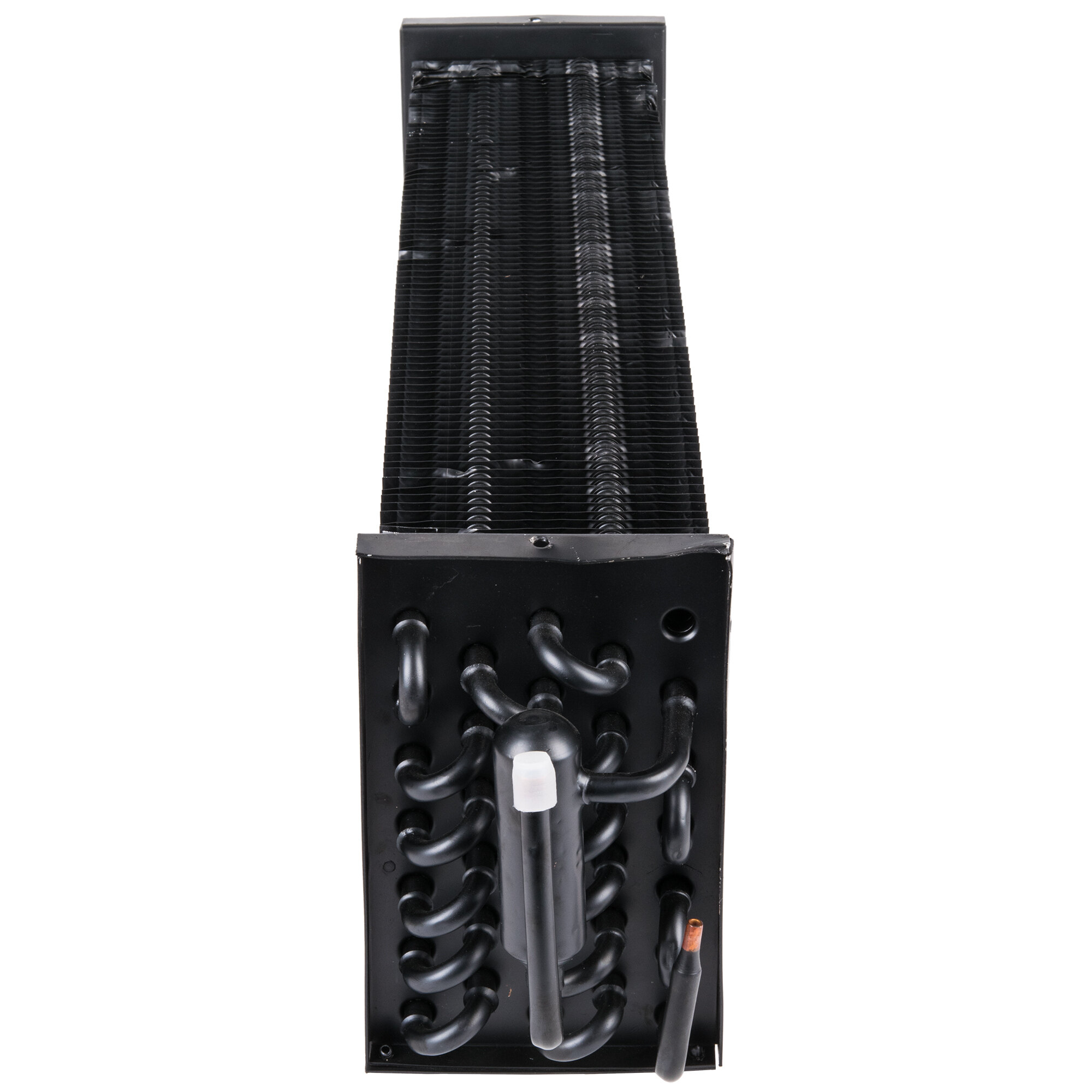 An Avantco black metal evaporator coil with black wires.