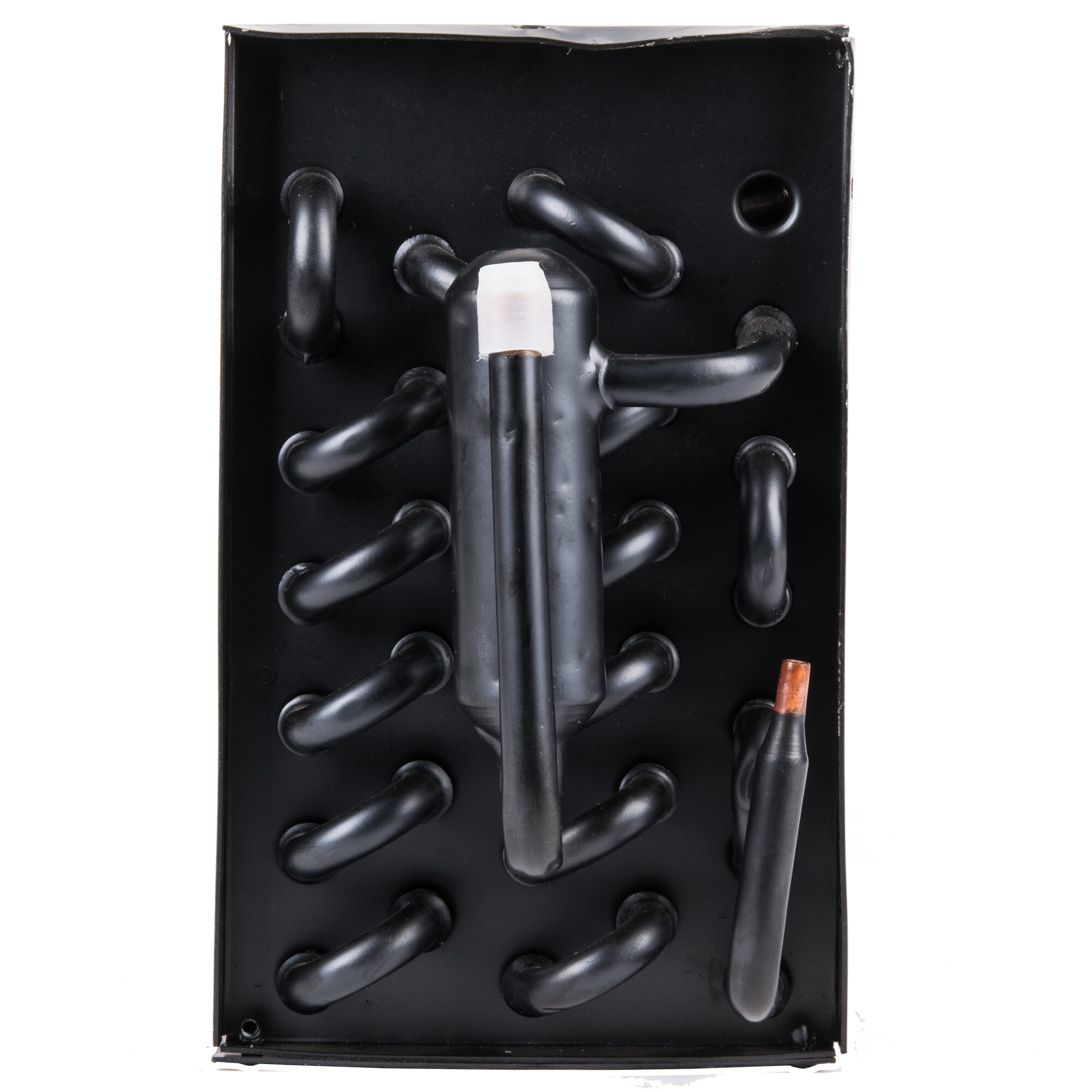 An Avantco evaporator coil with black metal pipes and wires.