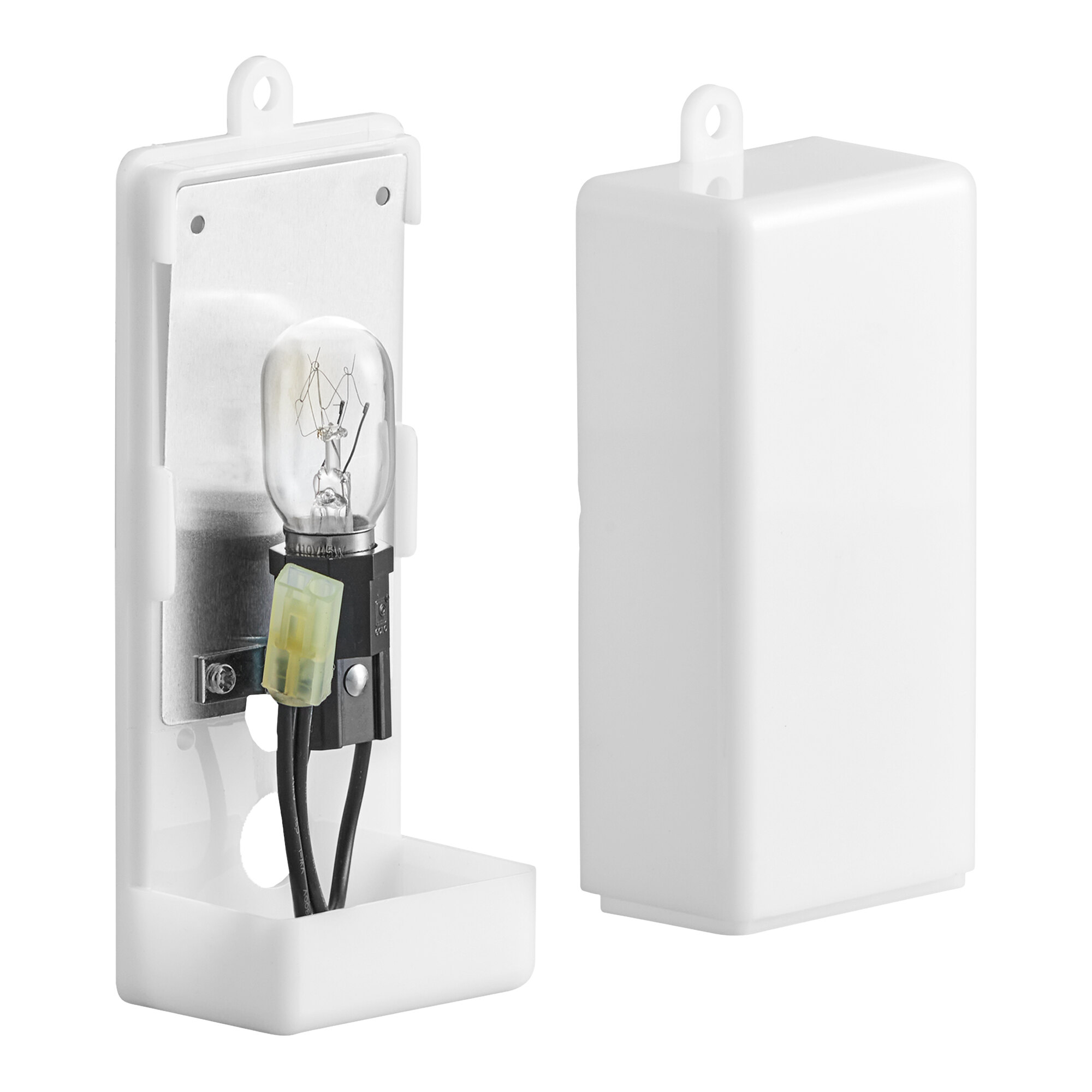 A white plastic light bulb cover and a small light bulb assembly for Avantco SS, CFD, and A Series equipment.
