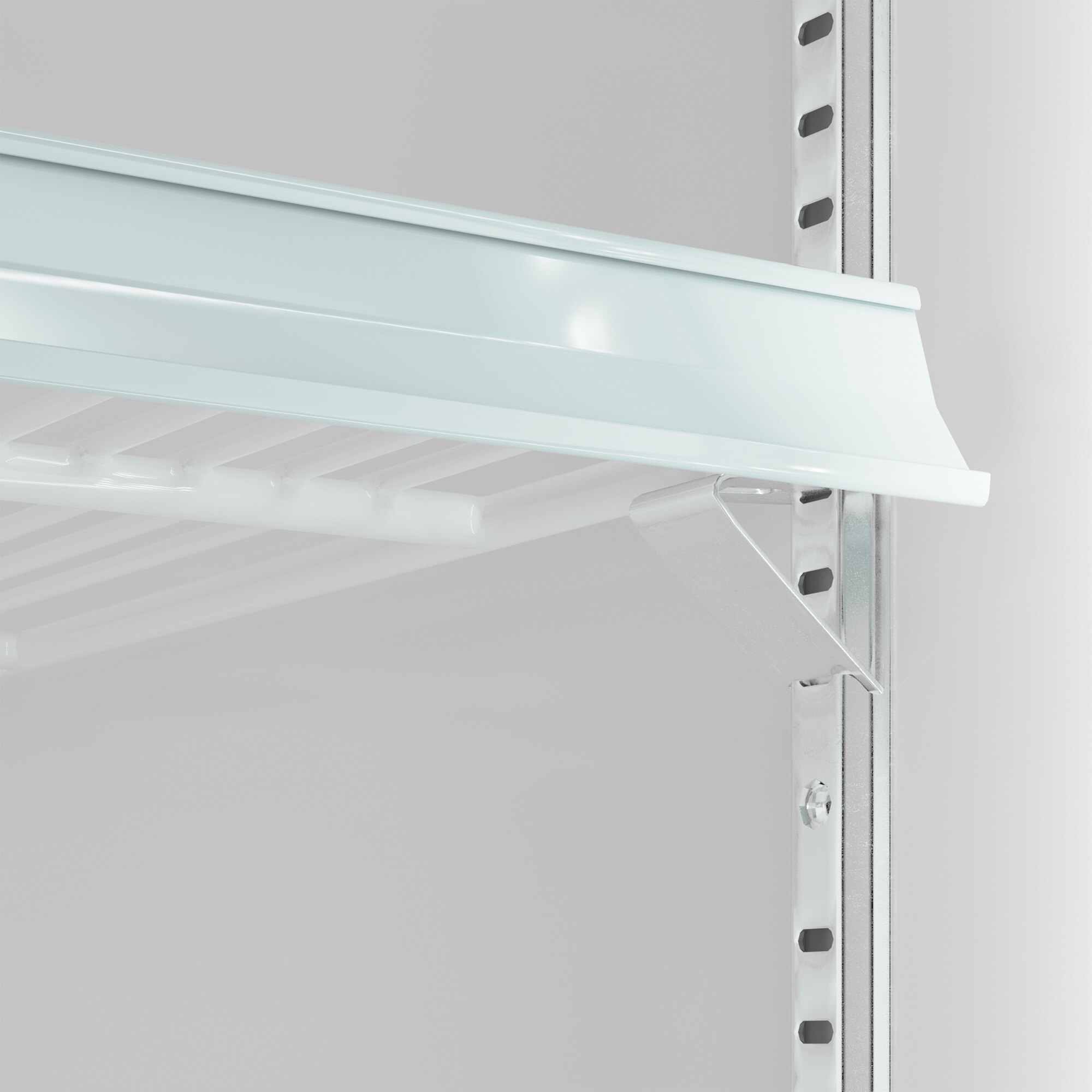 A white swing glass door merchandiser refrigerator with adjustable shelving and LED lighting.