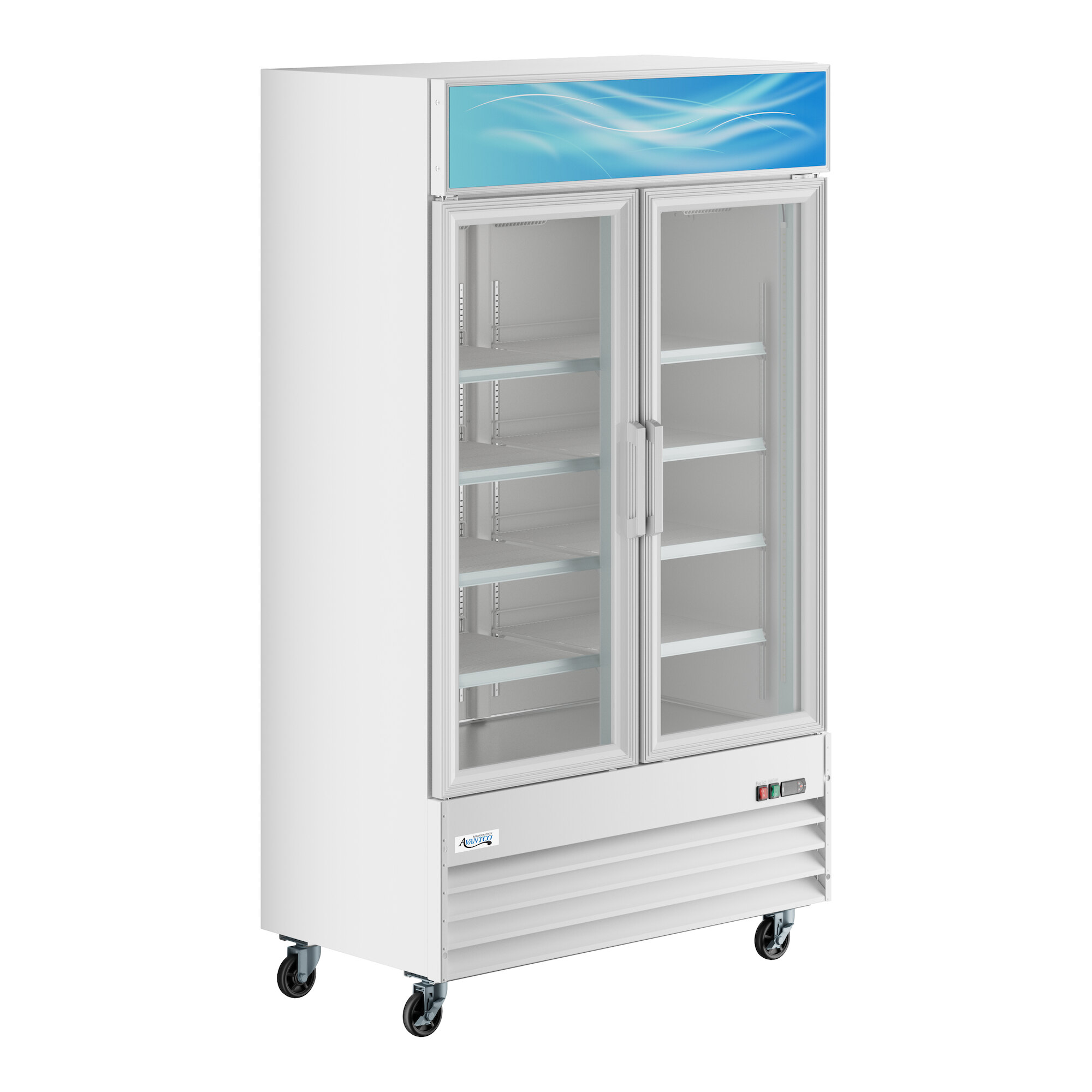 A white glass door merchandiser refrigerator with LED lighting and customizable signage.