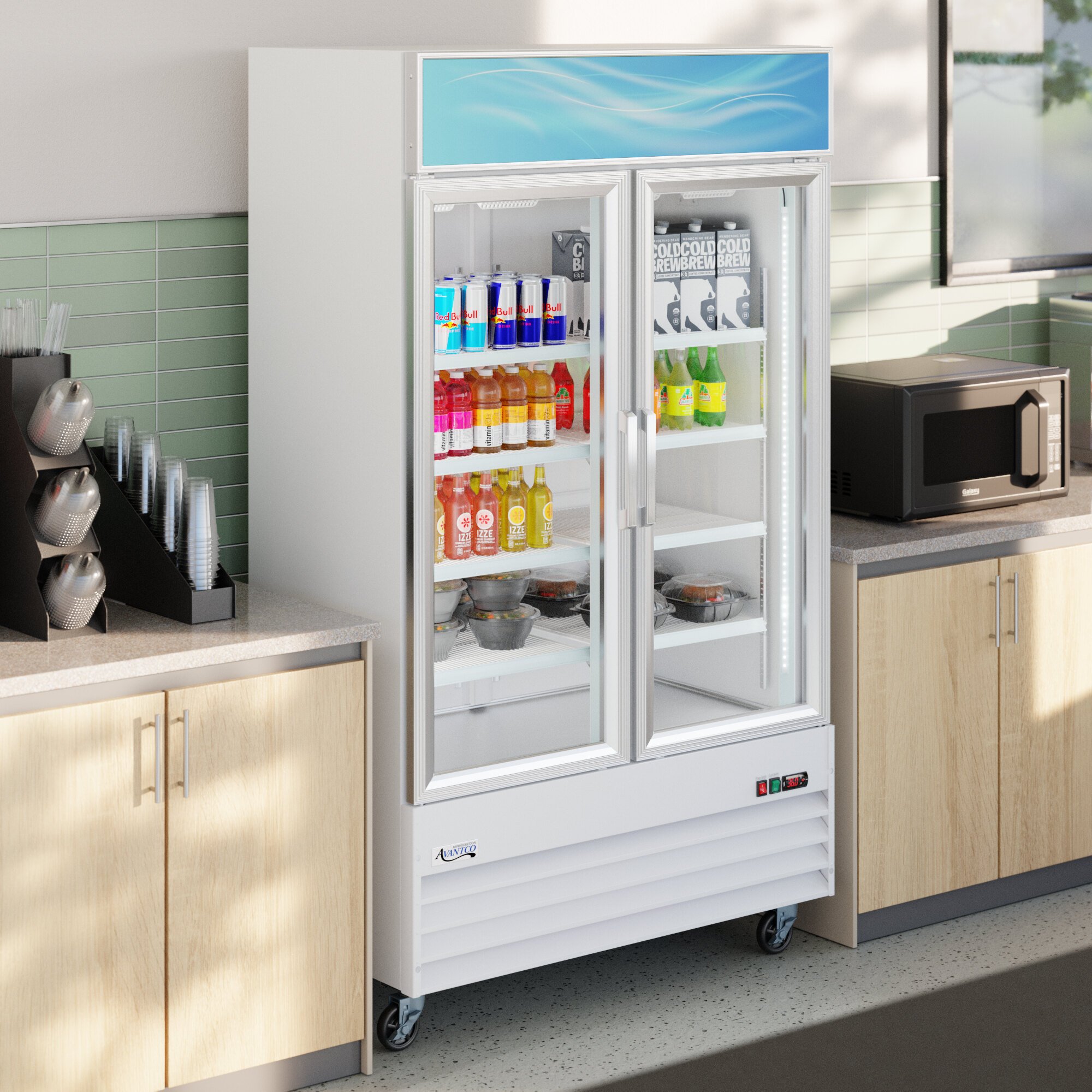 A white glass door merchandiser refrigerator with LED lighting, stocked with beverages and food items.