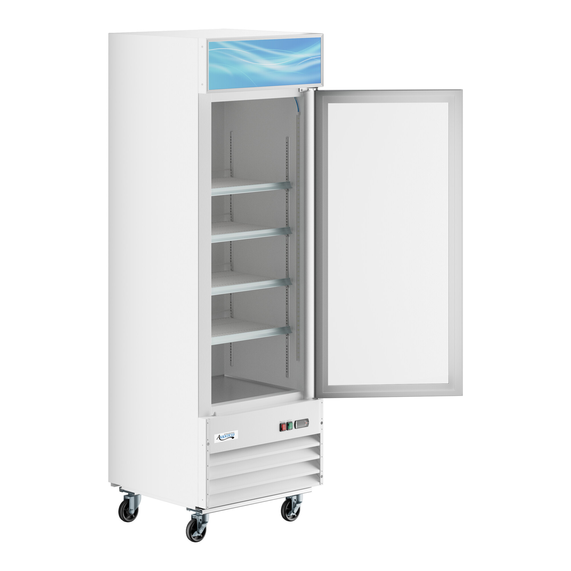 A white upright glass door merchandiser freezer with adjustable shelves and LED lighting.