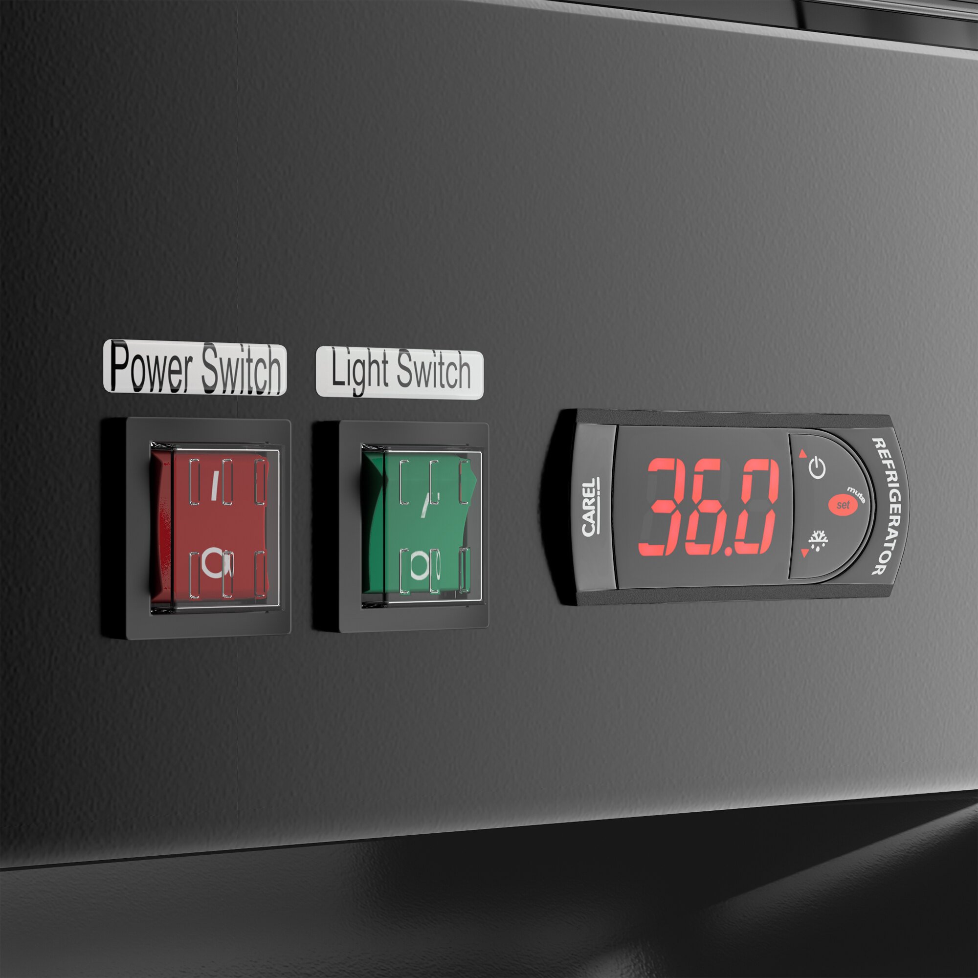 A control panel of a black sliding glass door merchandiser refrigerator featuring a power switch, light switch, and digital temperature display.