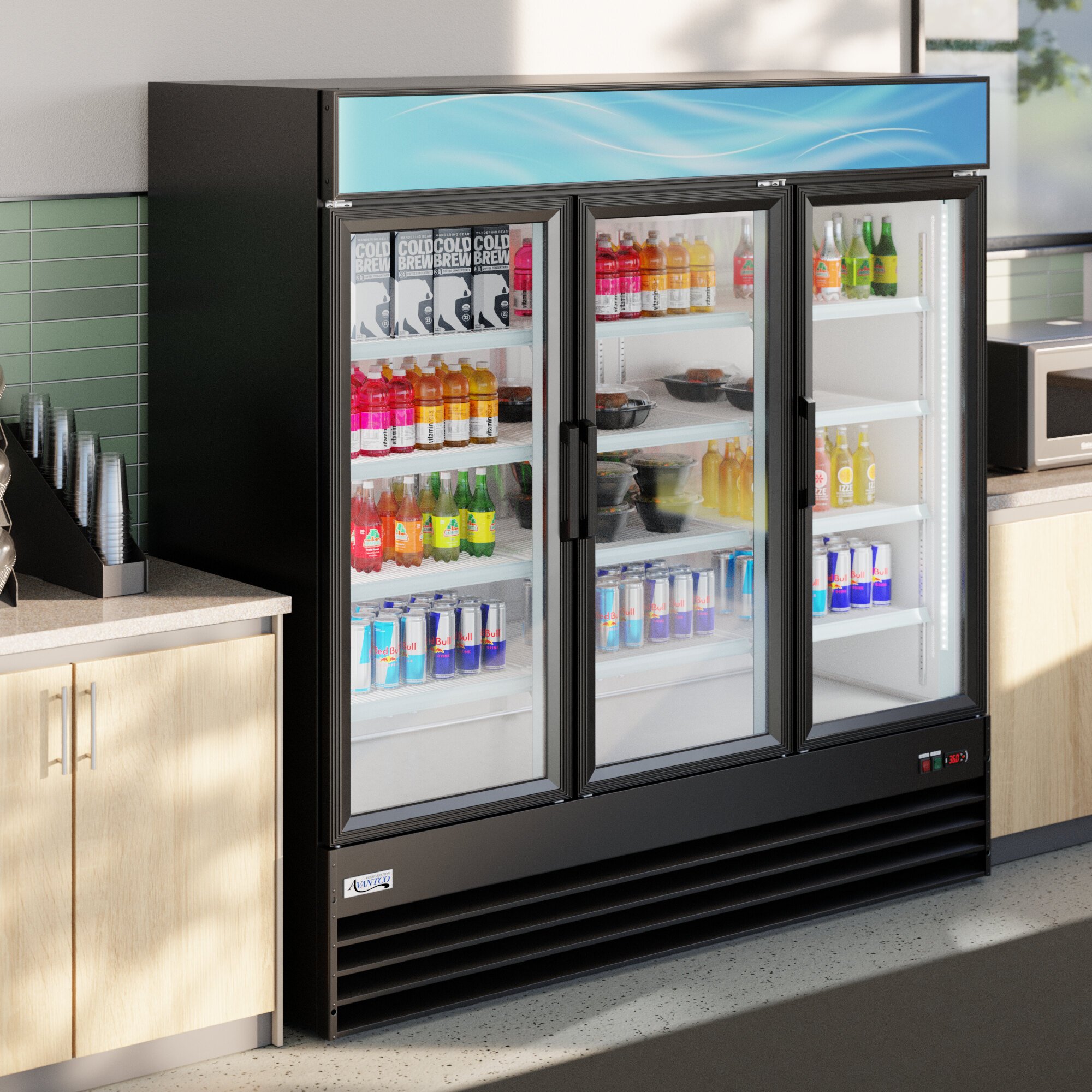 A large black swing glass door merchandiser refrigerator with three doors and LED lighting, stocked with beverages.