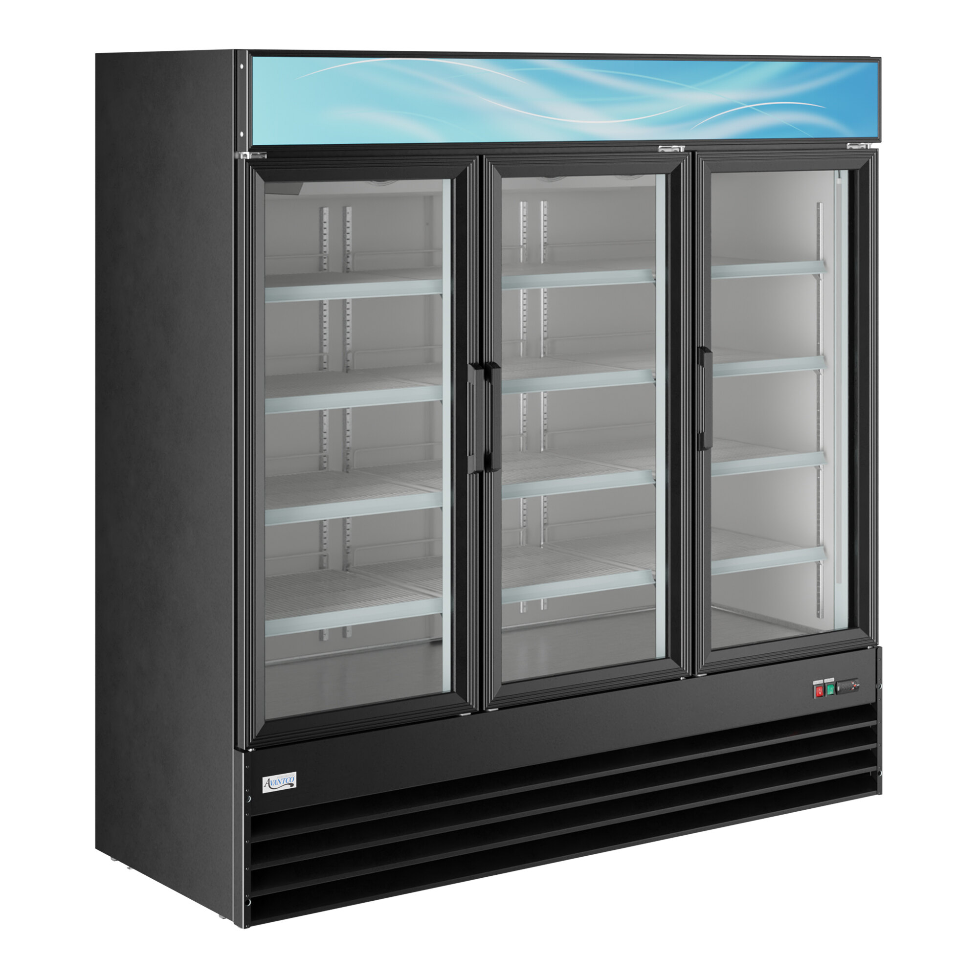 A large black three-door glass merchandiser refrigerator with adjustable shelves and LED lighting.