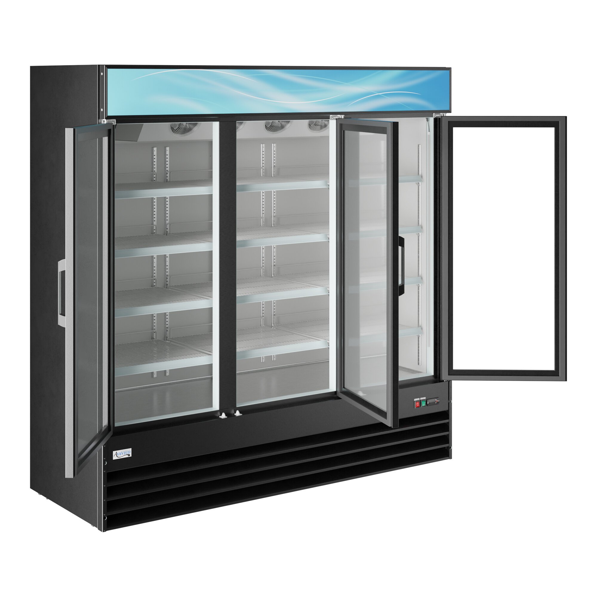 A large black swing glass door merchandiser refrigerator with LED lighting and customizable top panel.
