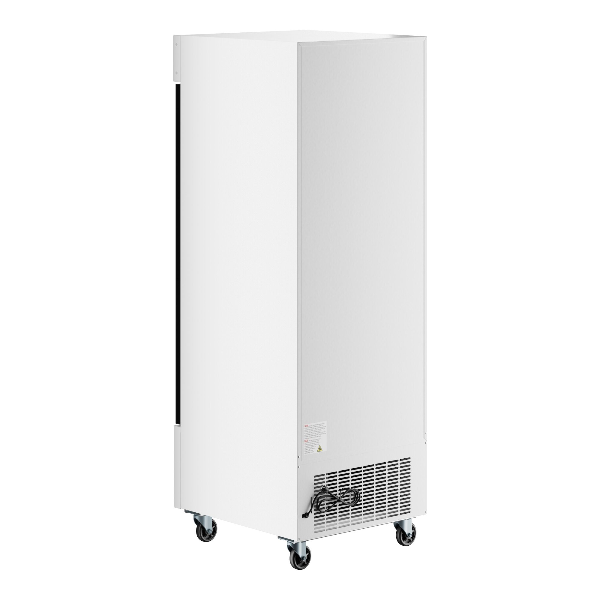 A white swing glass door merchandiser refrigerator with LED lighting and caster wheels.