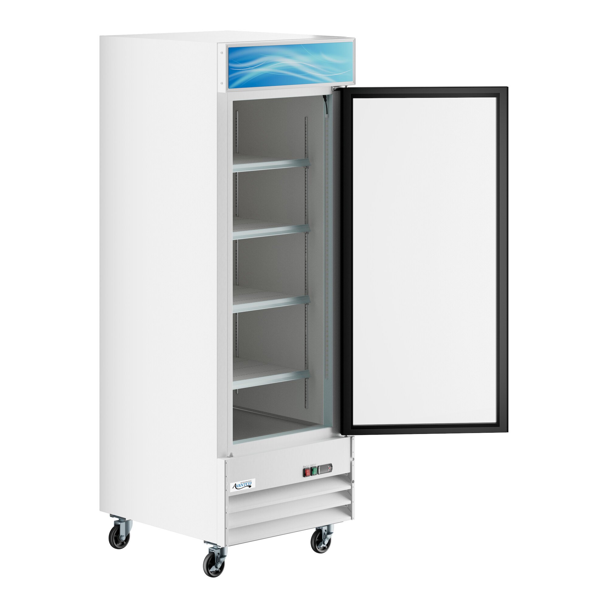 A white upright merchandiser refrigerator with a swing door, multiple shelves, and LED lighting.