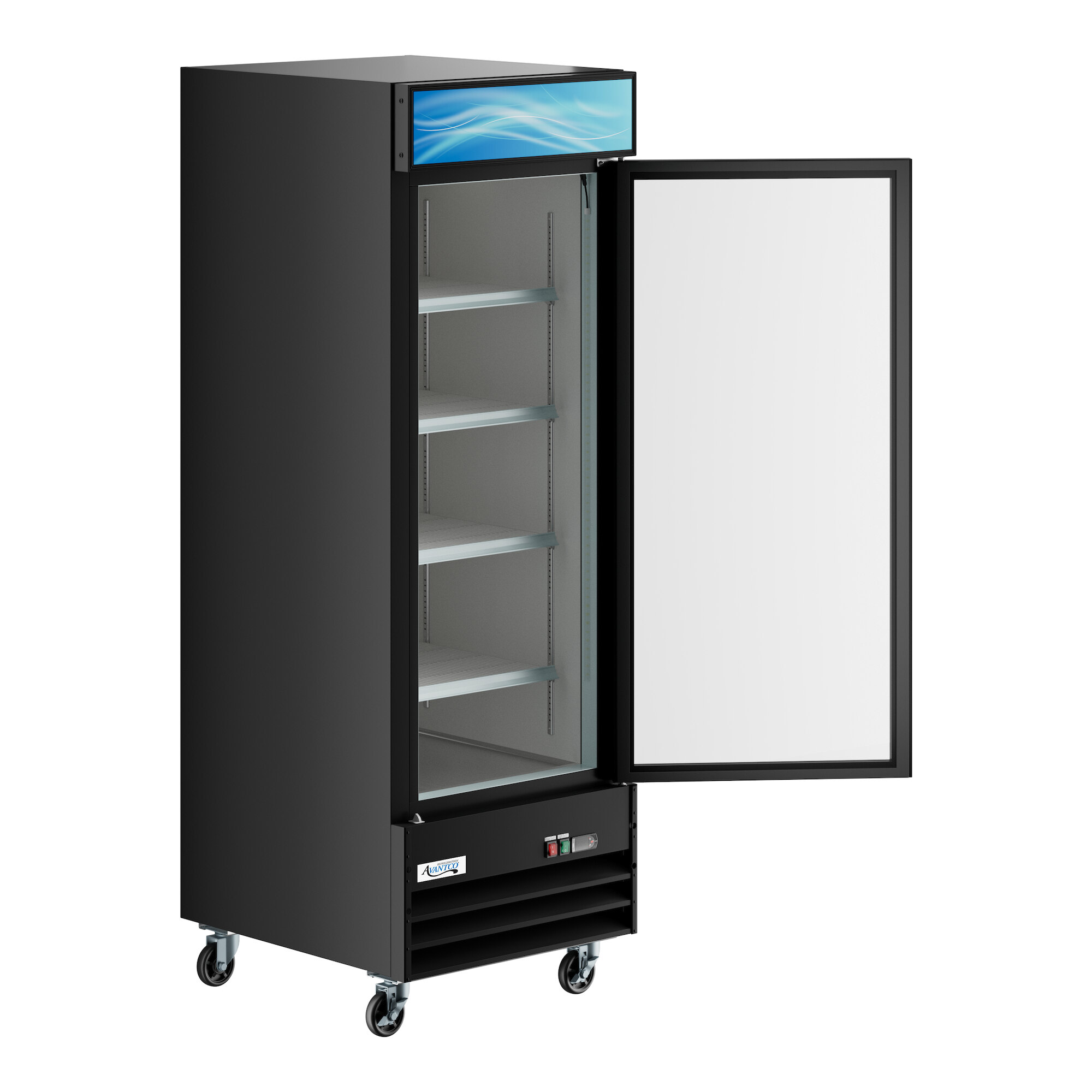 A black glass door merchandiser refrigerator with LED lighting and adjustable shelves.
