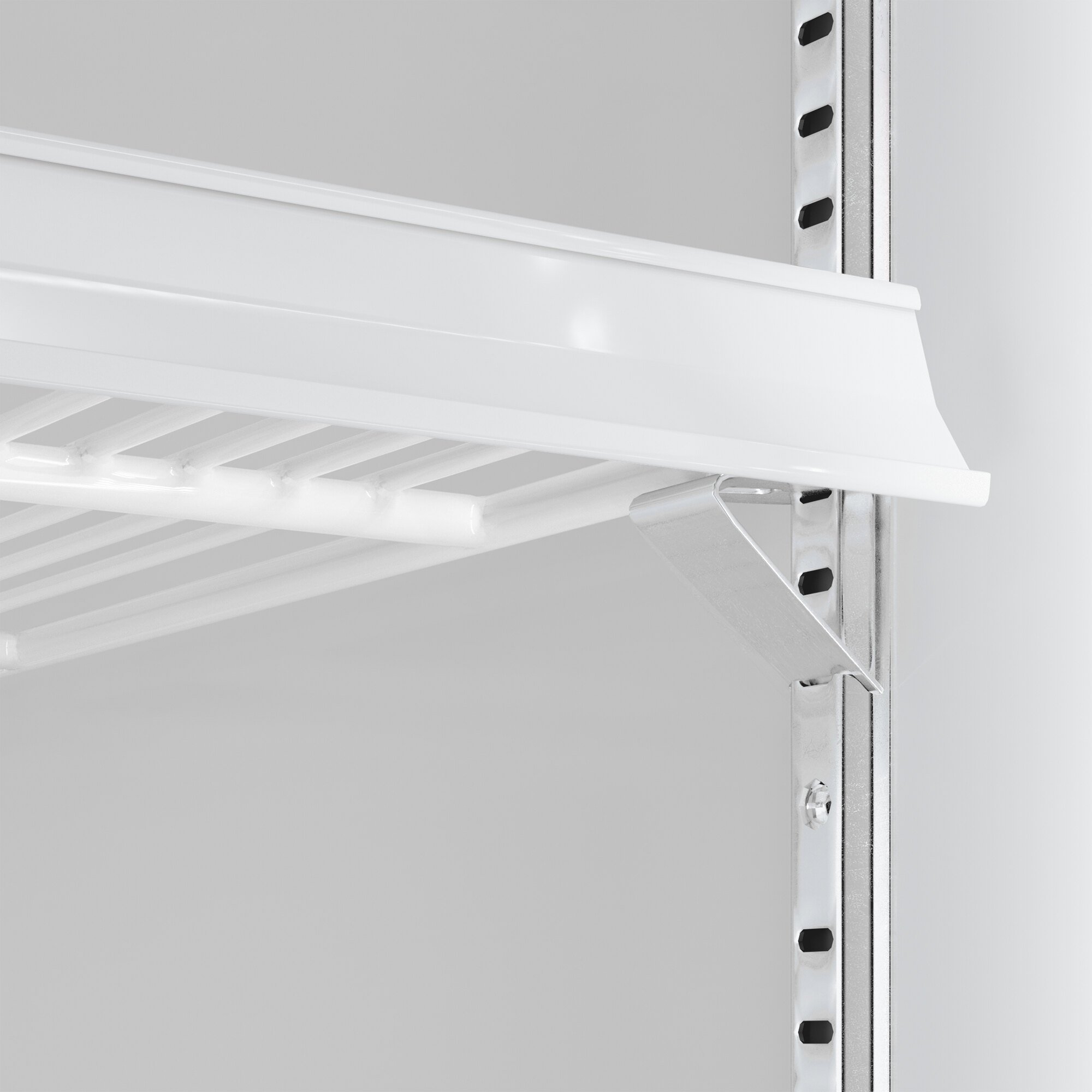 A close-up view of a white wire shelf and metal support bracket inside a glass door merchandiser refrigerator.
