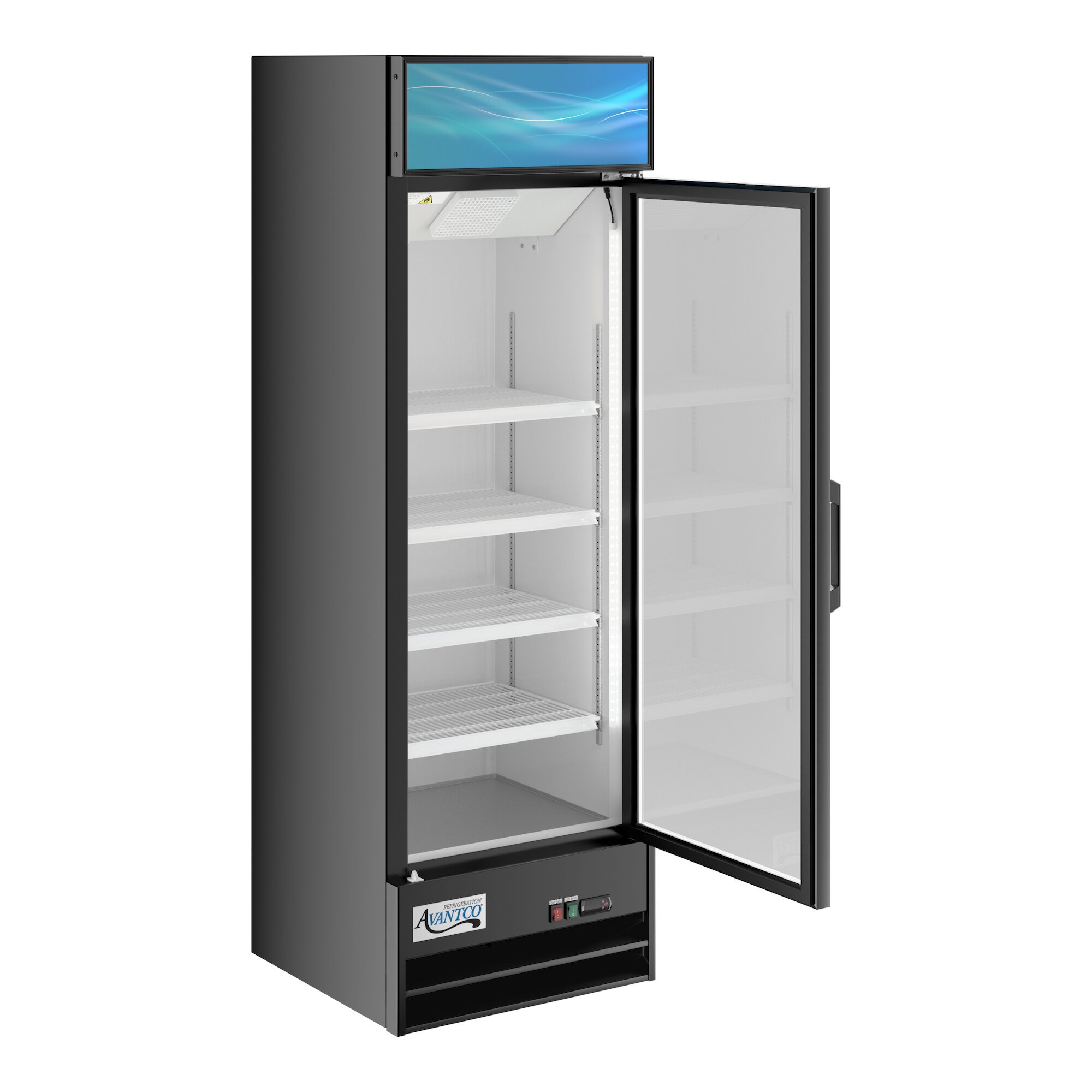 A black swing glass door merchandiser refrigerator with LED lighting and adjustable shelves.
