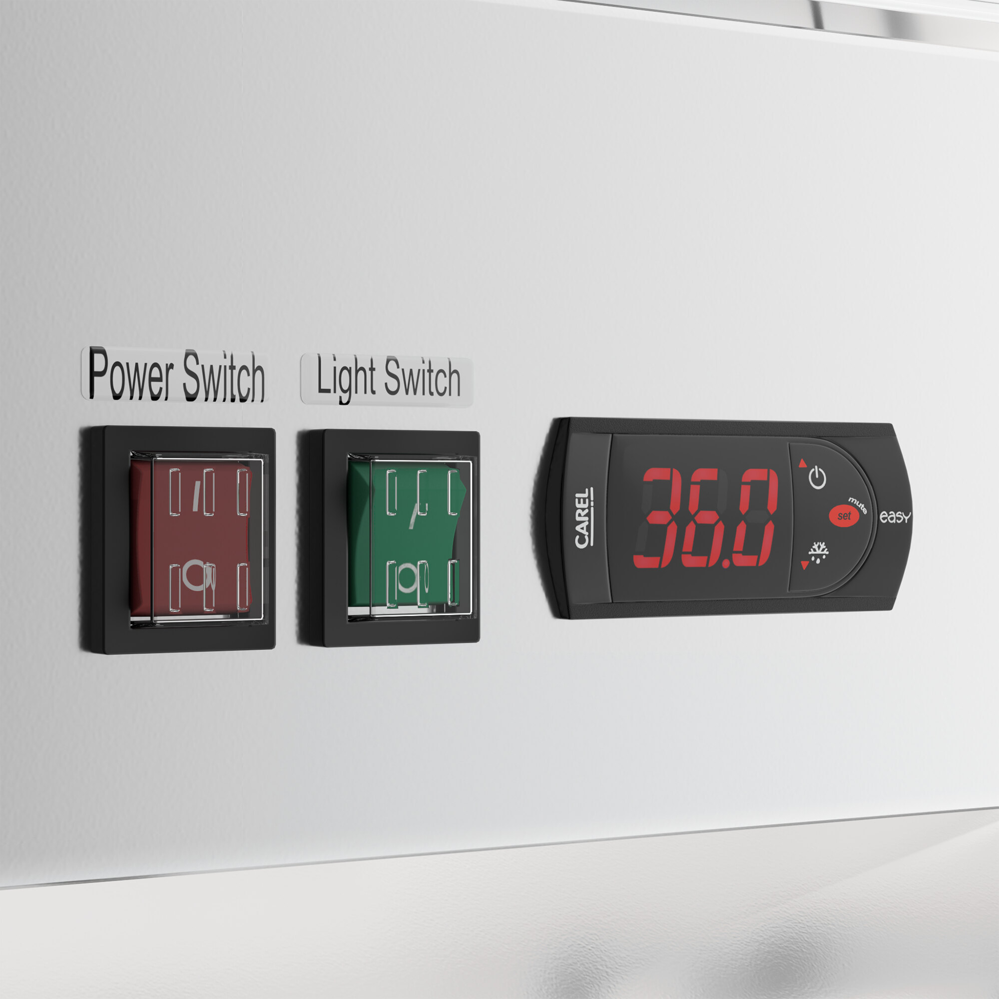 A white glass door merchandiser refrigerator control panel with labeled power and light switches and a digital temperature display.