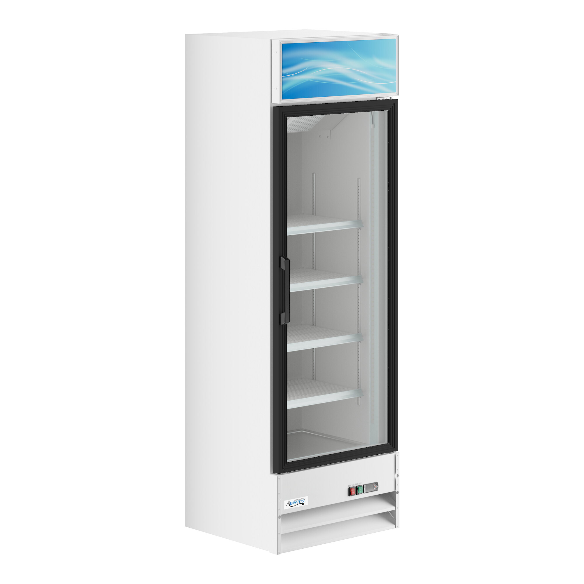 A white glass door merchandiser refrigerator with adjustable shelves and LED lighting.