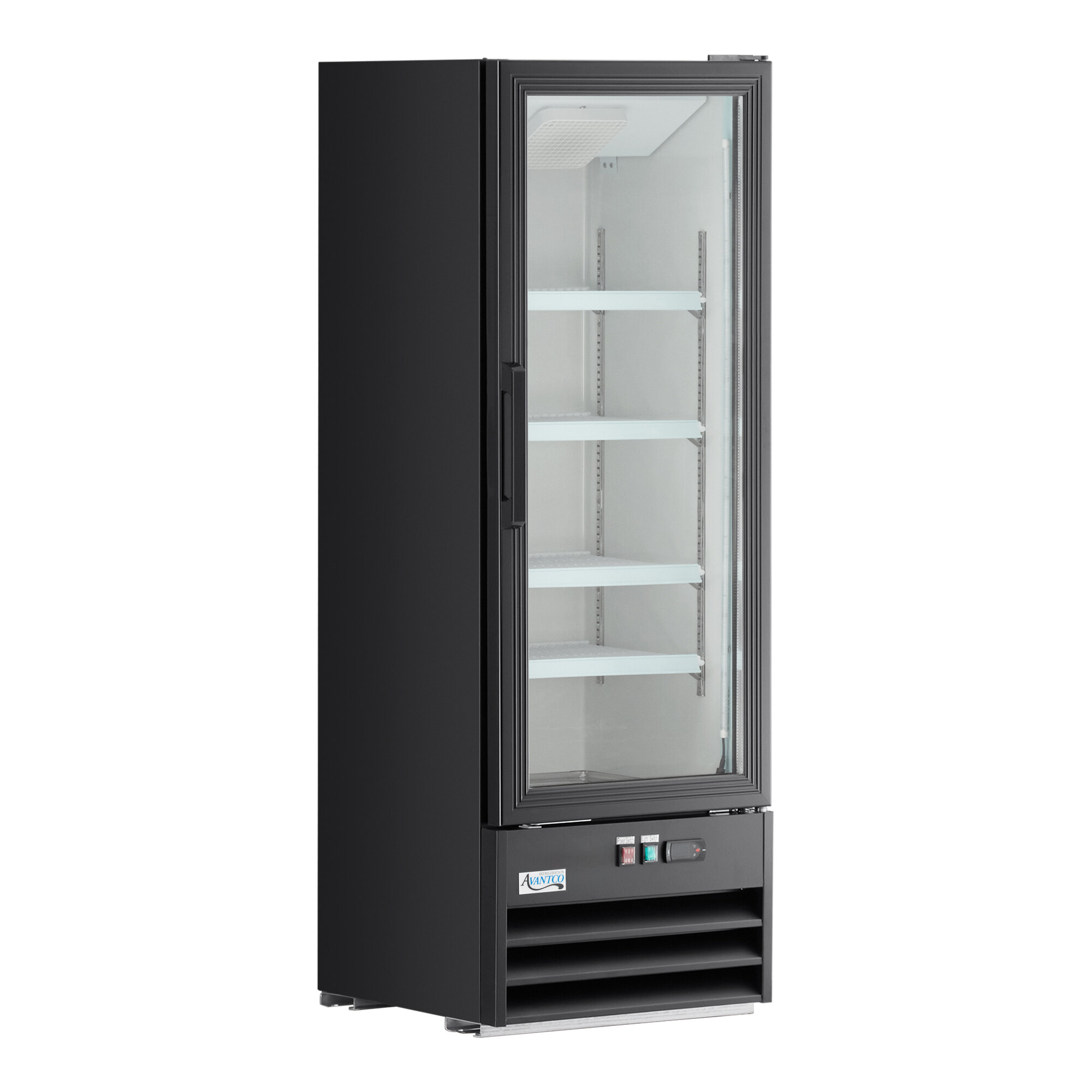 A black swing glass door merchandiser refrigerator with LED lighting and adjustable shelves.