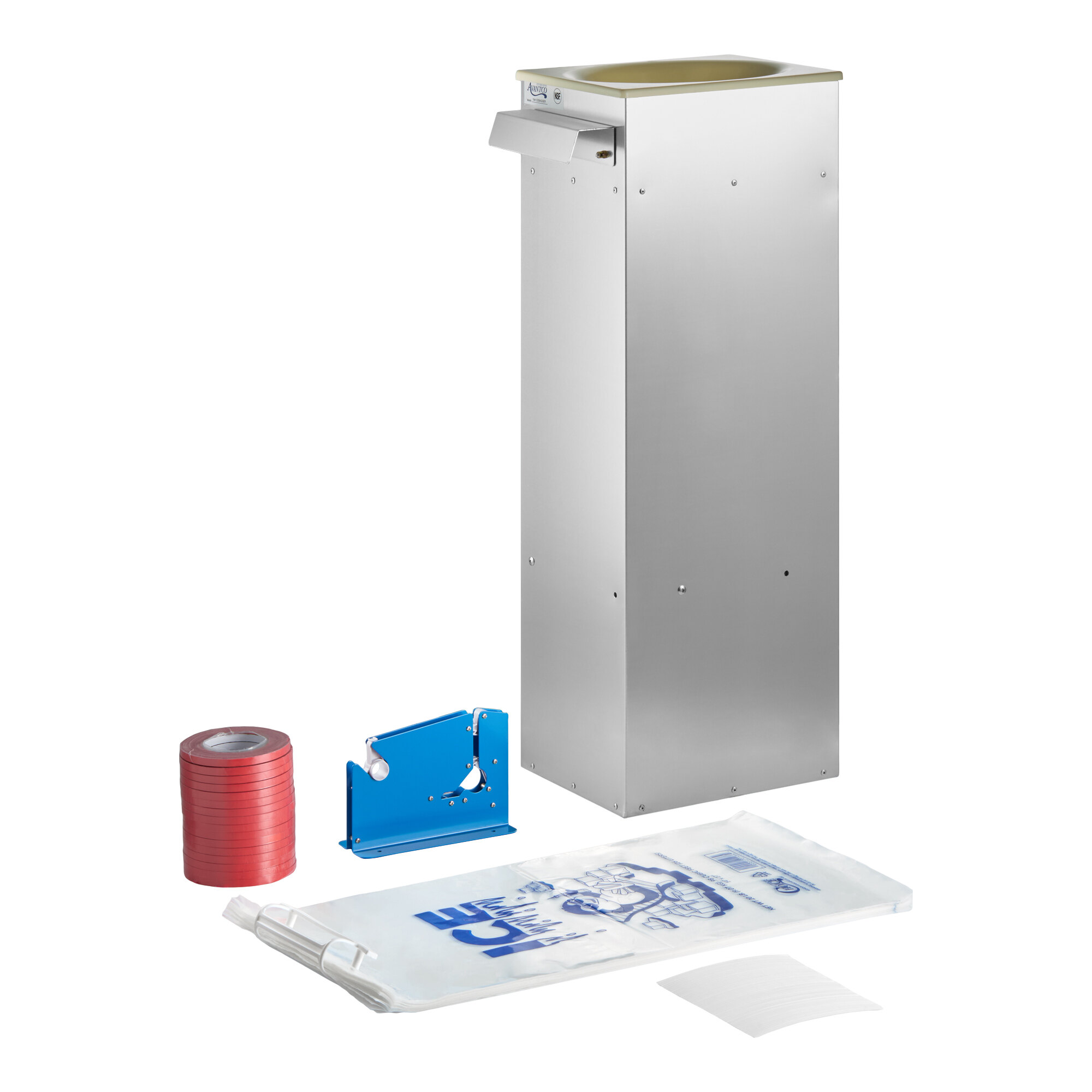 A stainless steel ice bagger starter kit with a bag holder, tape dispenser, roll of tape, and a stack of printed ice bags for 8 lb. and 10 lb. ice bags.
