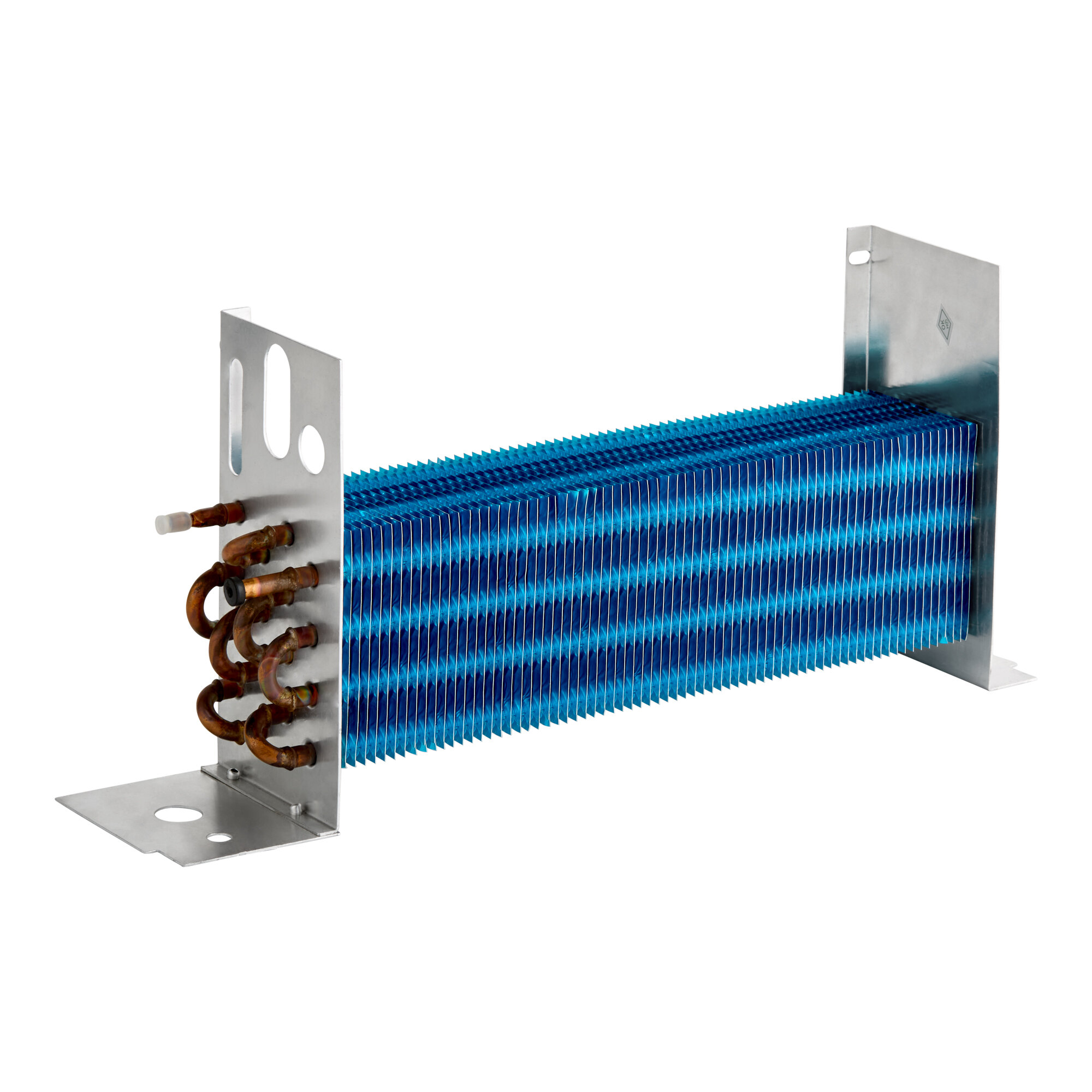 An evaporator coil unit with blue fins and copper tubing, mounted on a metal frame, designed for refrigeration equipment.