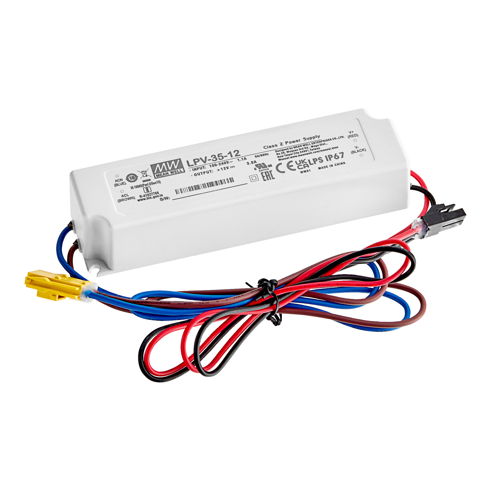 An Avantco LED ballast in a white box with black text and red, blue, and black wires.