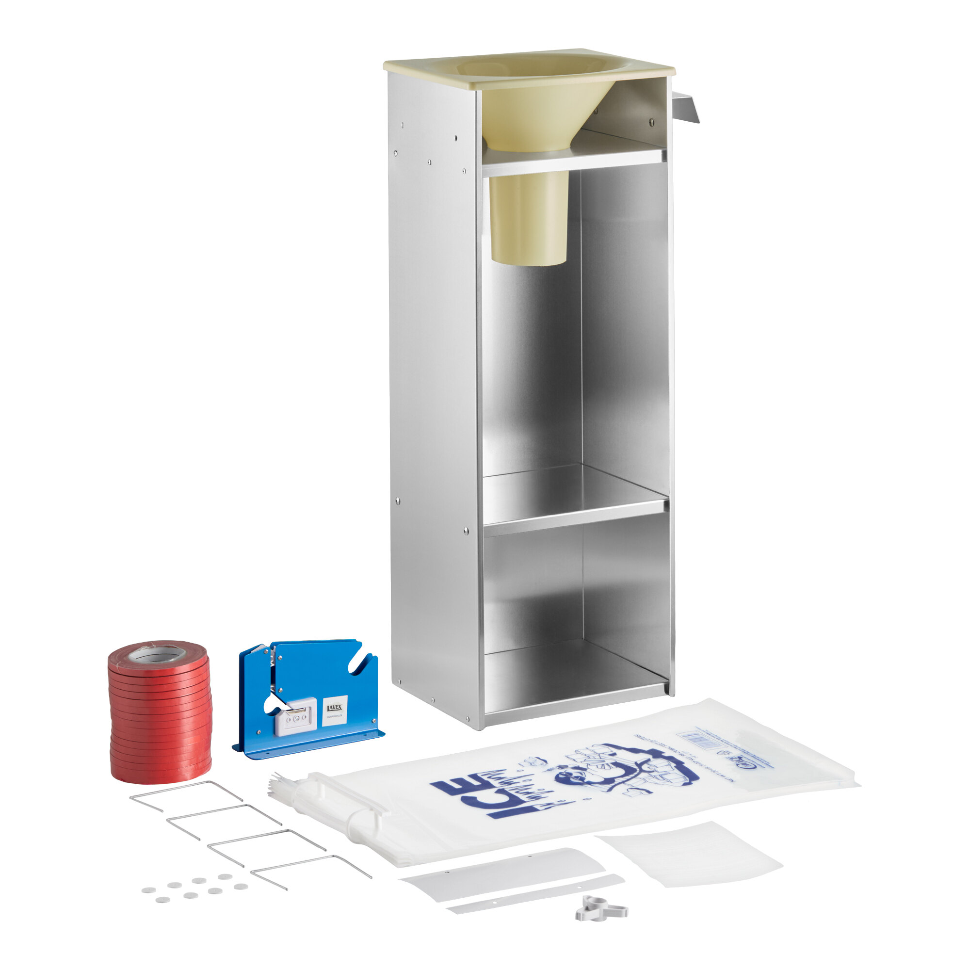 A stainless steel ice bagger starter kit with a funnel, tape dispenser, tape rolls, ice bags, and accessories for 20 lb. ice bags.