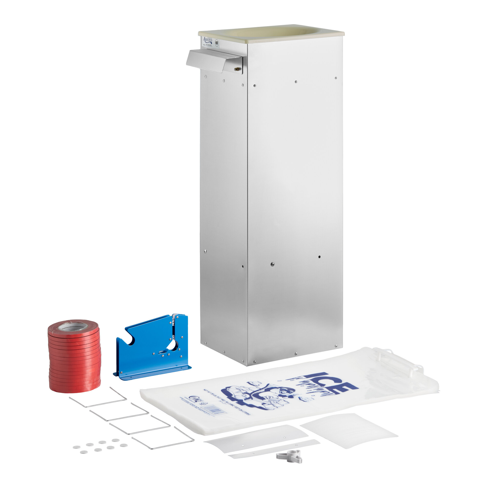 A stainless steel ice bagger starter kit for 20 lb. ice bags, including a bagger unit, ice bags, tape, a tape dispenser, and related accessories.
