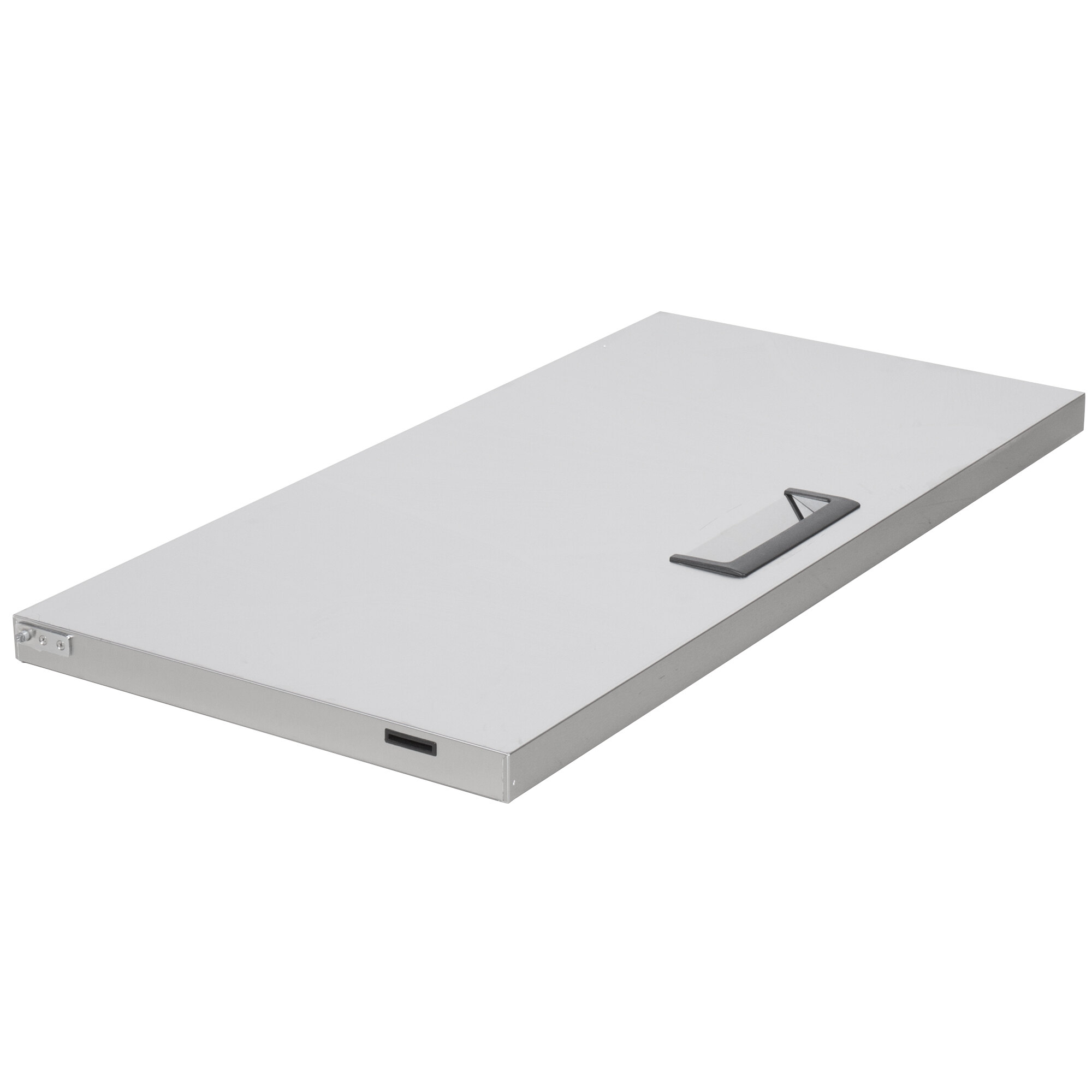A white rectangular metal door with a handle.