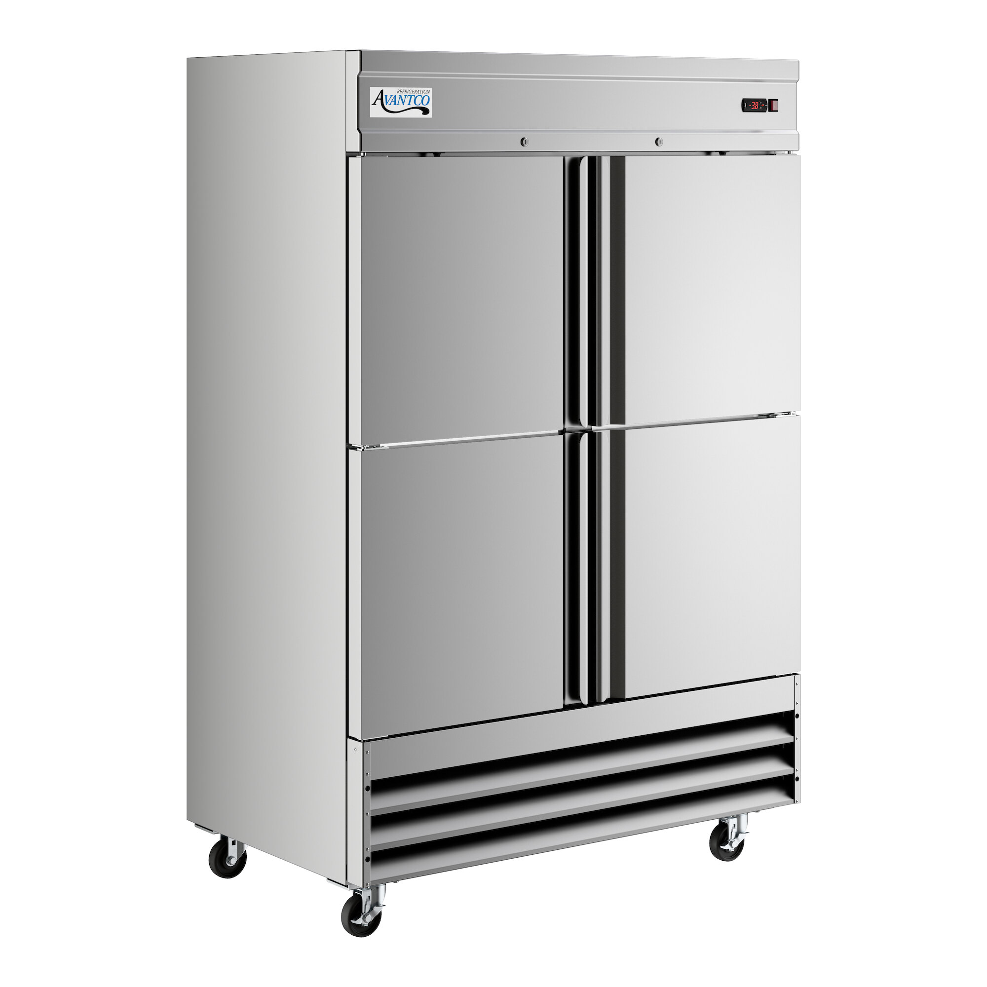 A stainless steel commercial reach-in freezer with four half doors and caster wheels.