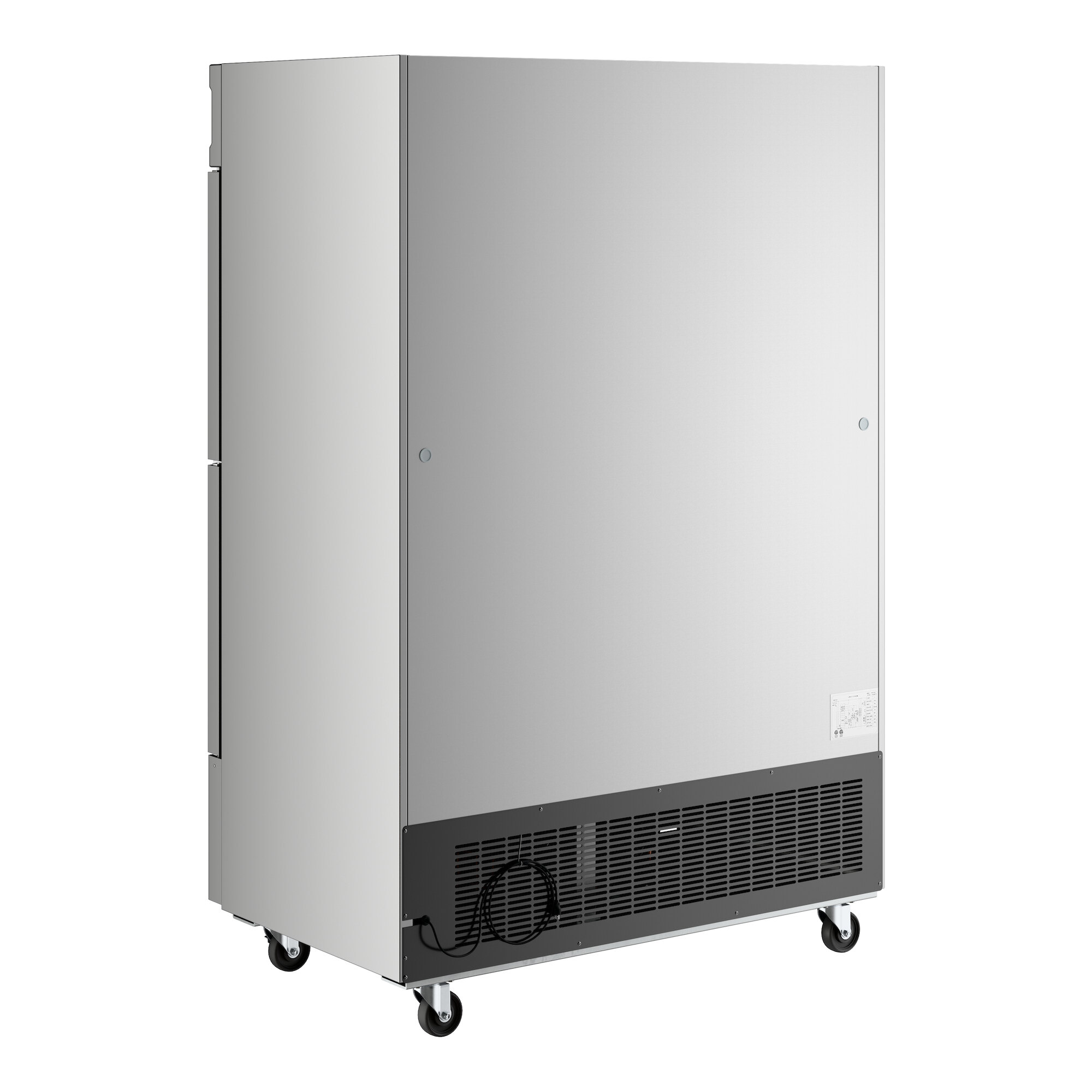 A stainless steel commercial reach-in freezer with solid half doors and caster wheels.