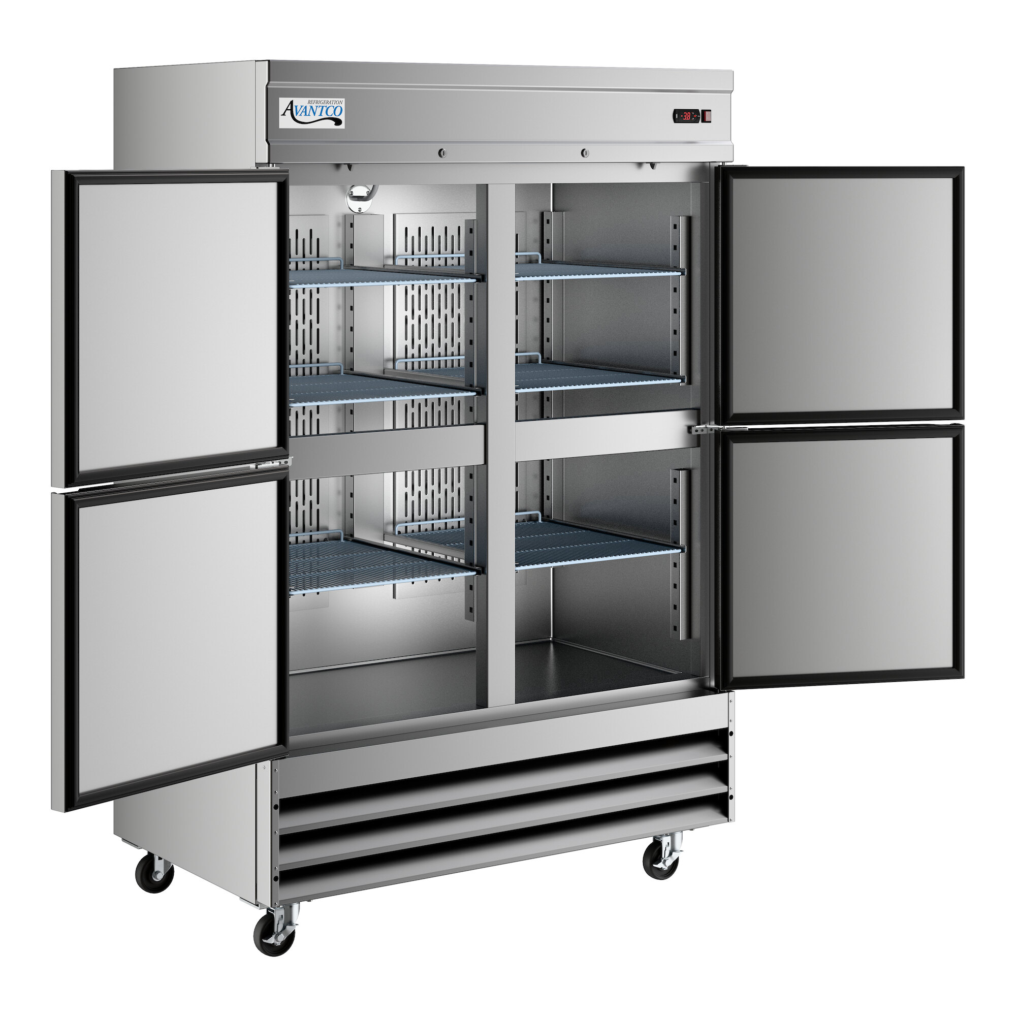 A stainless steel commercial reach-in freezer with four half doors and interior shelving.
