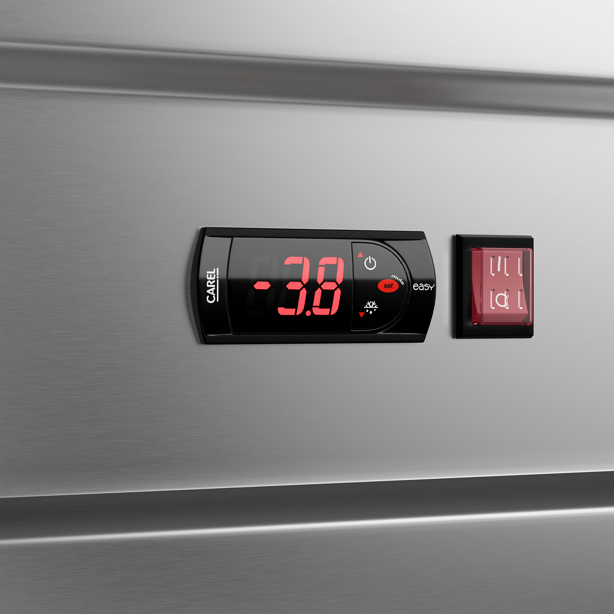 A stainless steel reach-in freezer with a digital temperature display and control panel.