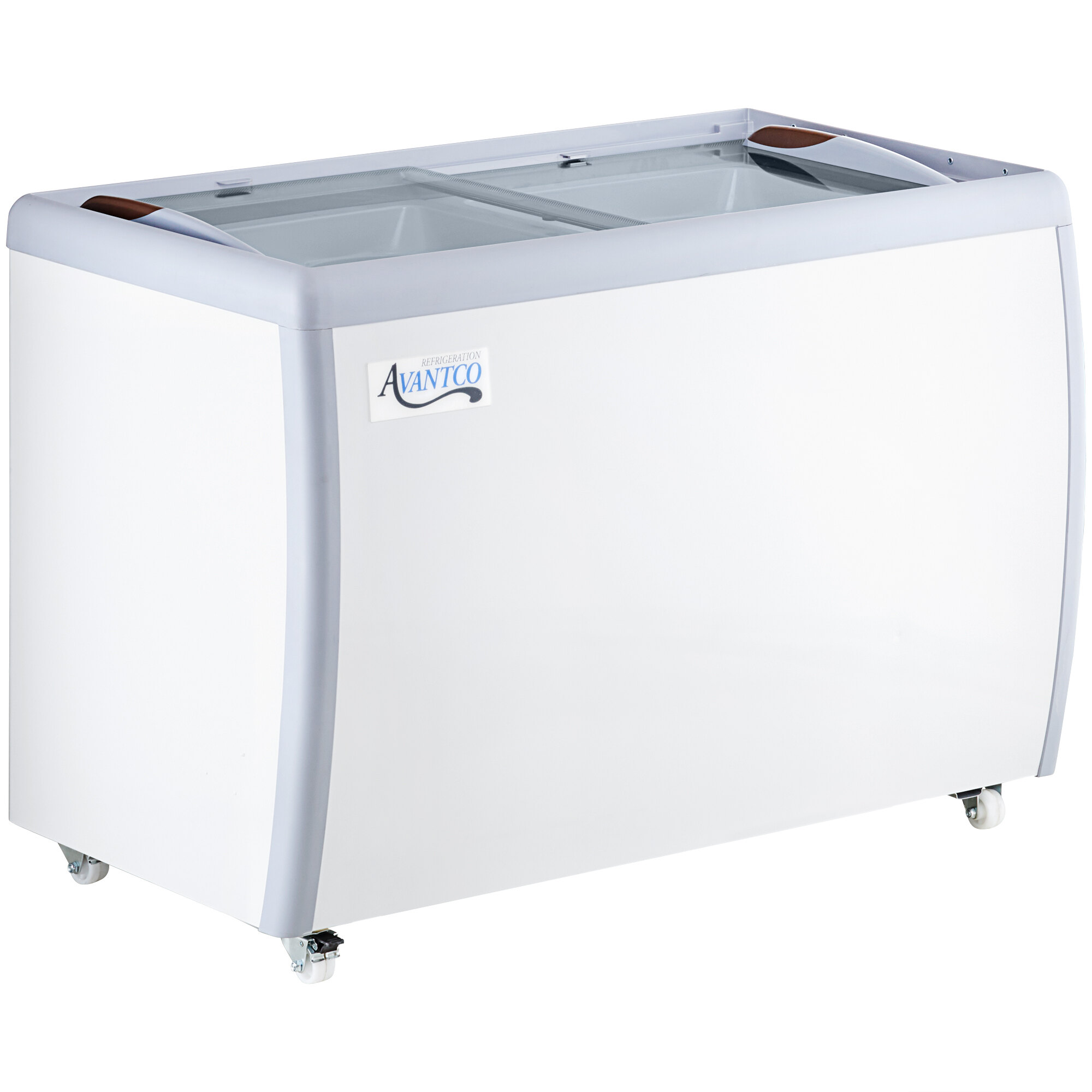 An Avantco white ice cream dipping cabinet with a glass top and wheels.