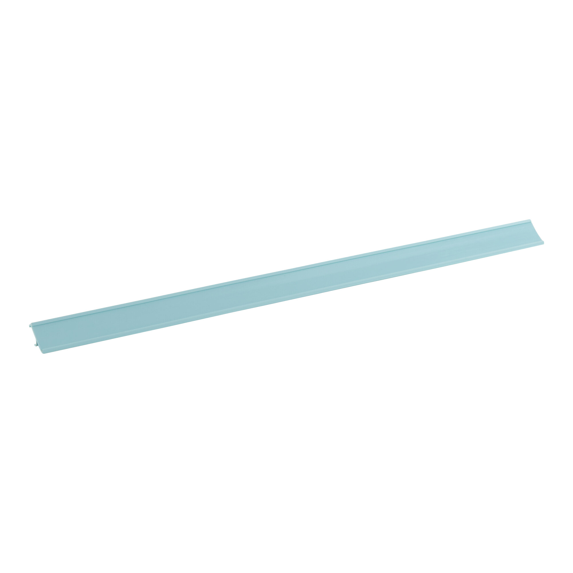 A light blue 21 1/2 inch shelf tag holder.