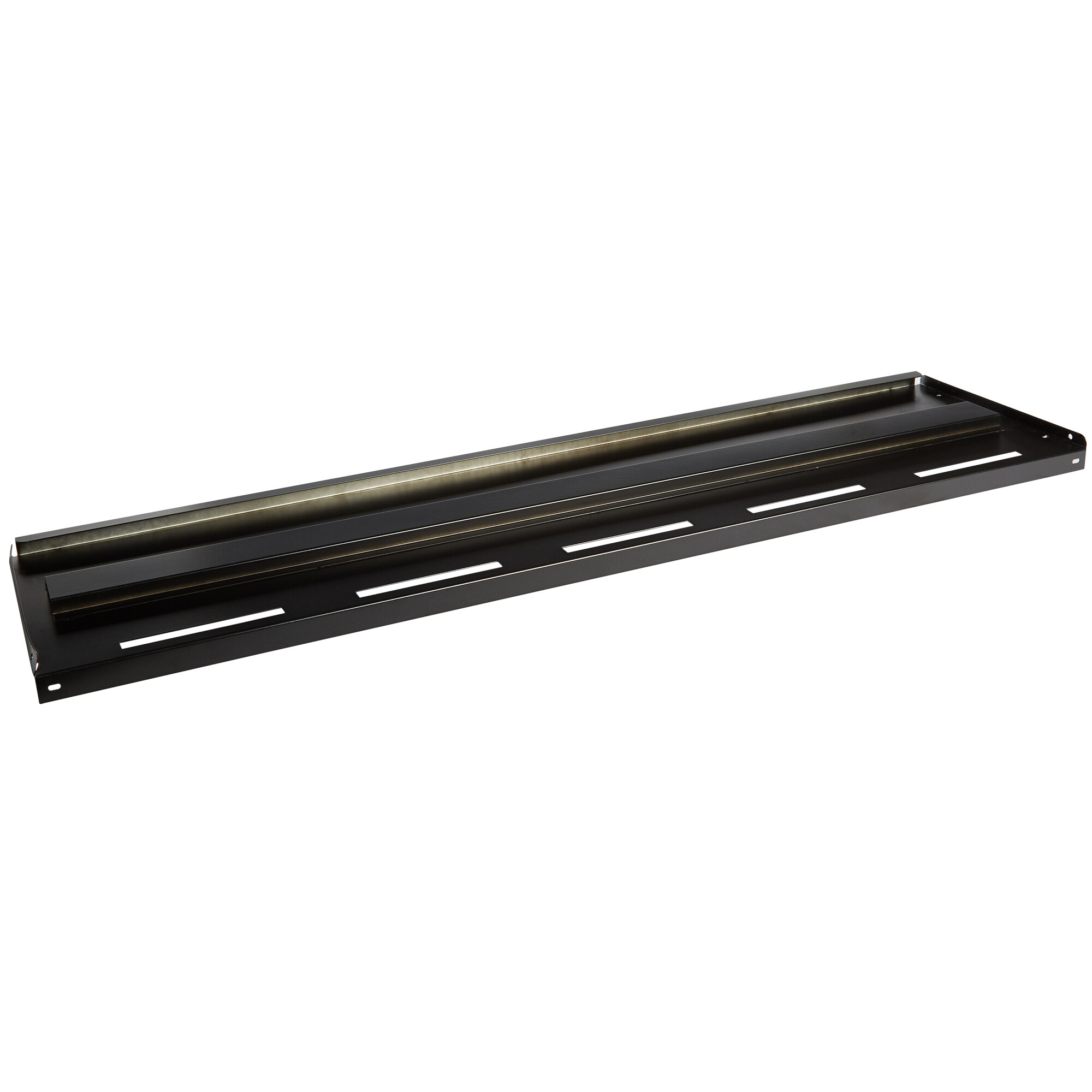 A black metal Avantco shelf with holes.