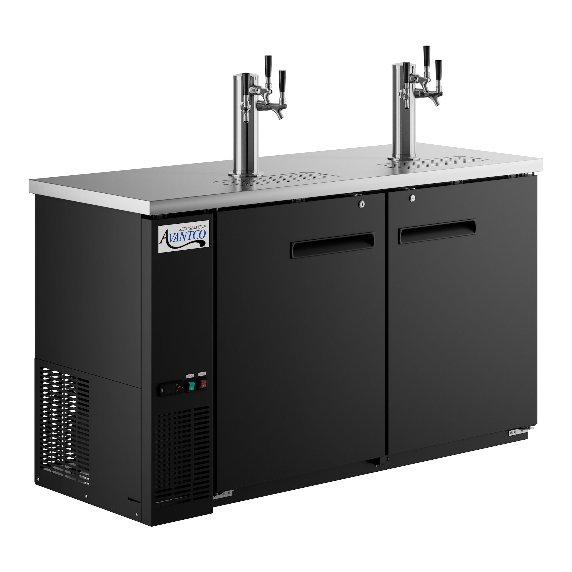 A black Avantco beer dispenser with two taps on a counter.