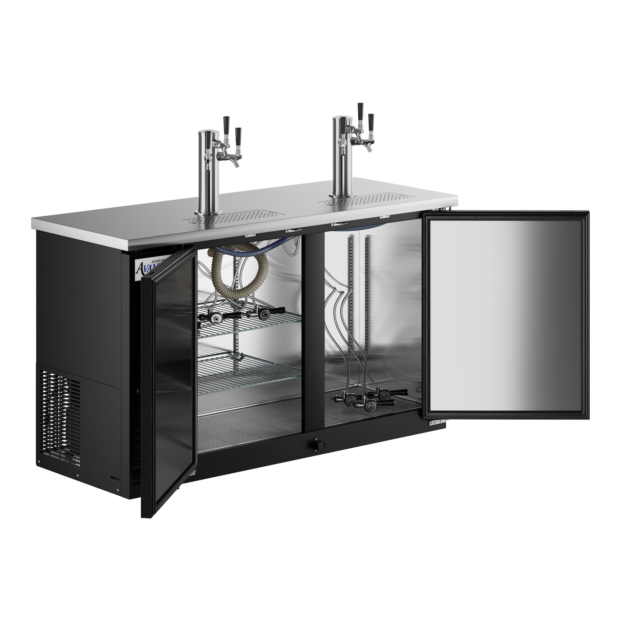 An Avantco black beer dispenser with two taps on a counter.