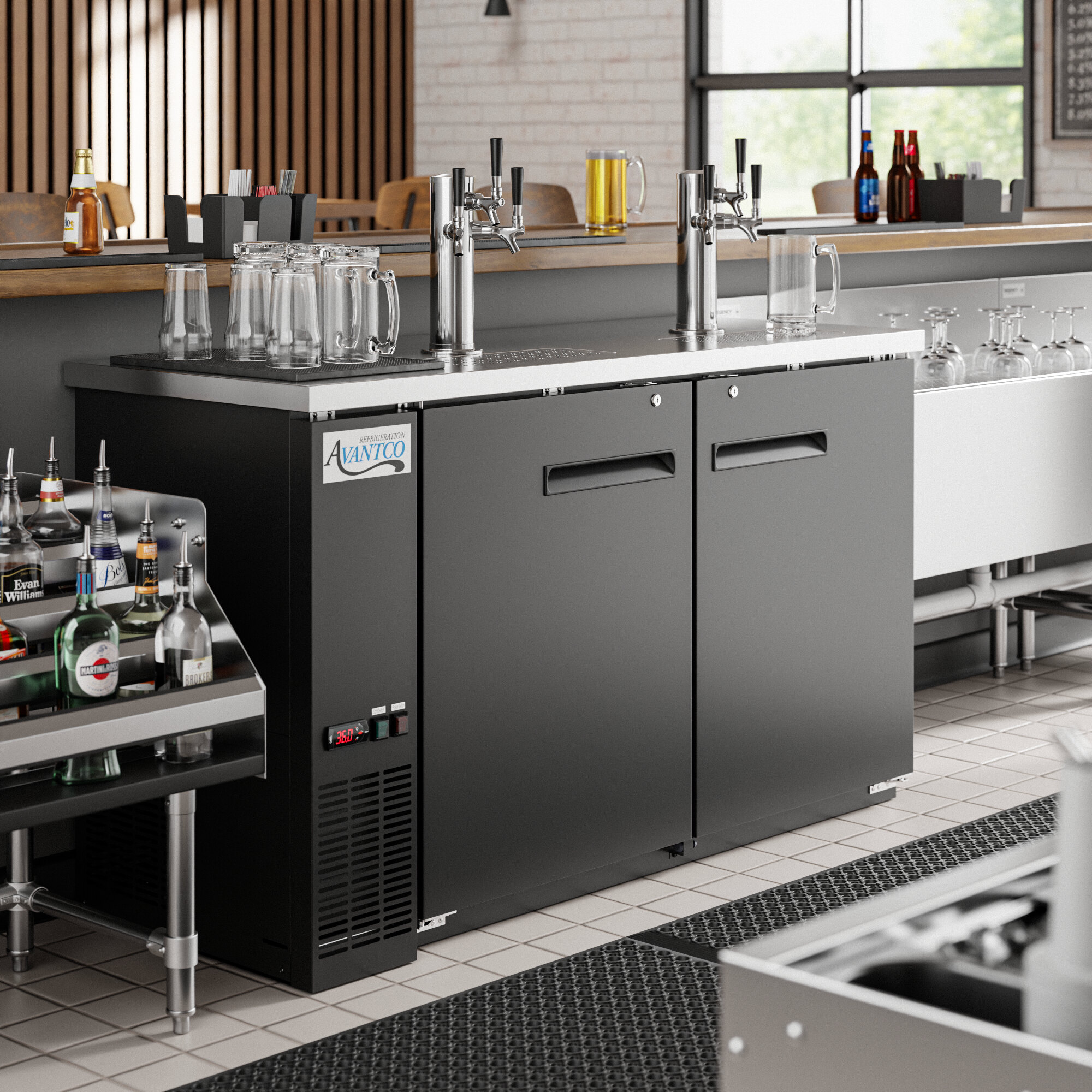 An Avantco triple tap kegerator on a bar counter with several bottles of beer.