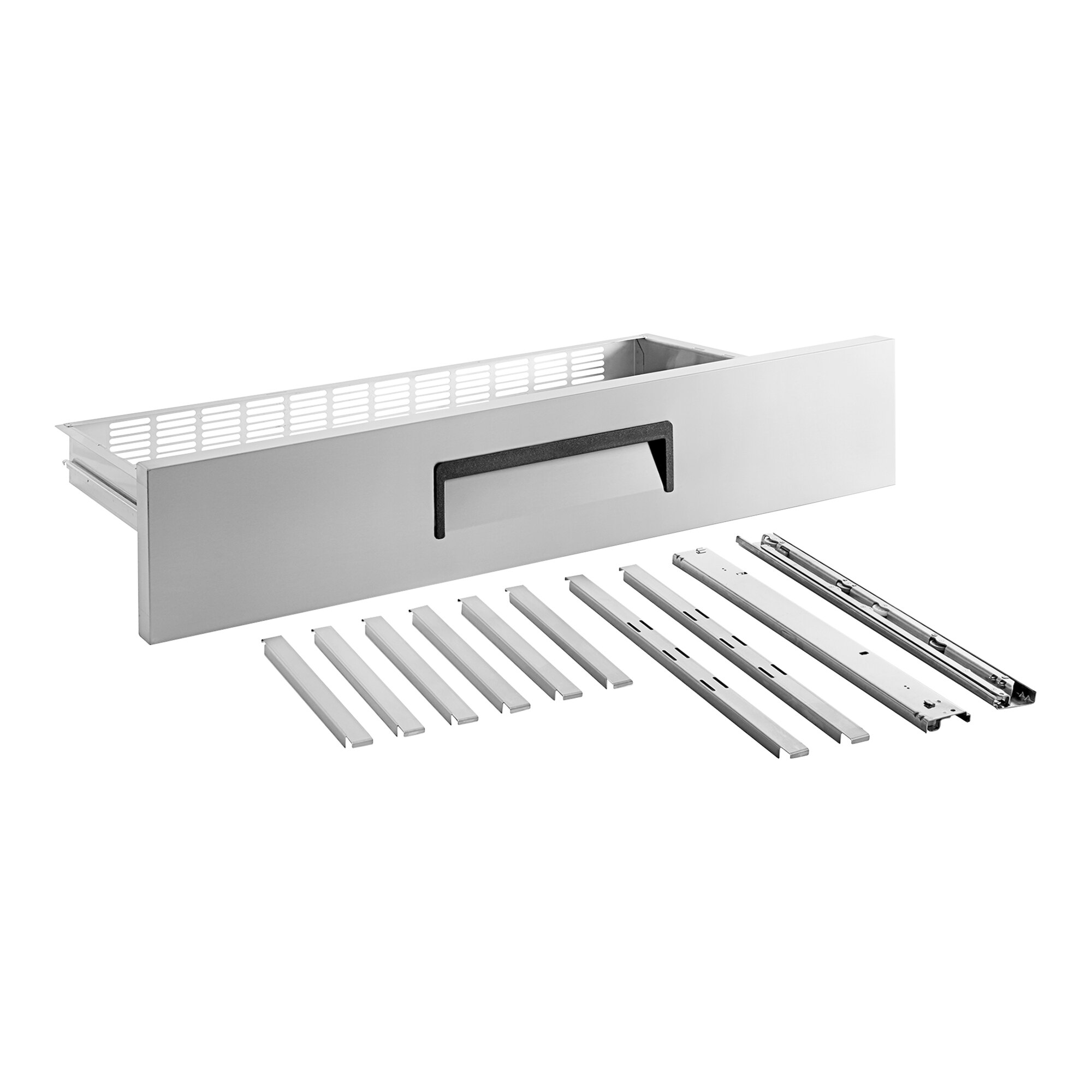 A metal drawer assembly kit with handle and sliding rails for a refrigerated chef base.