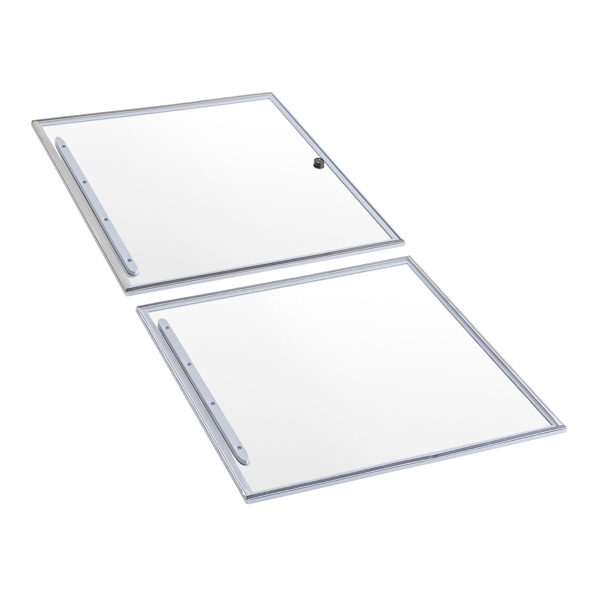 A set of two clear glass lids with metal frames designed for the Avantco DFF13-HC freezer.