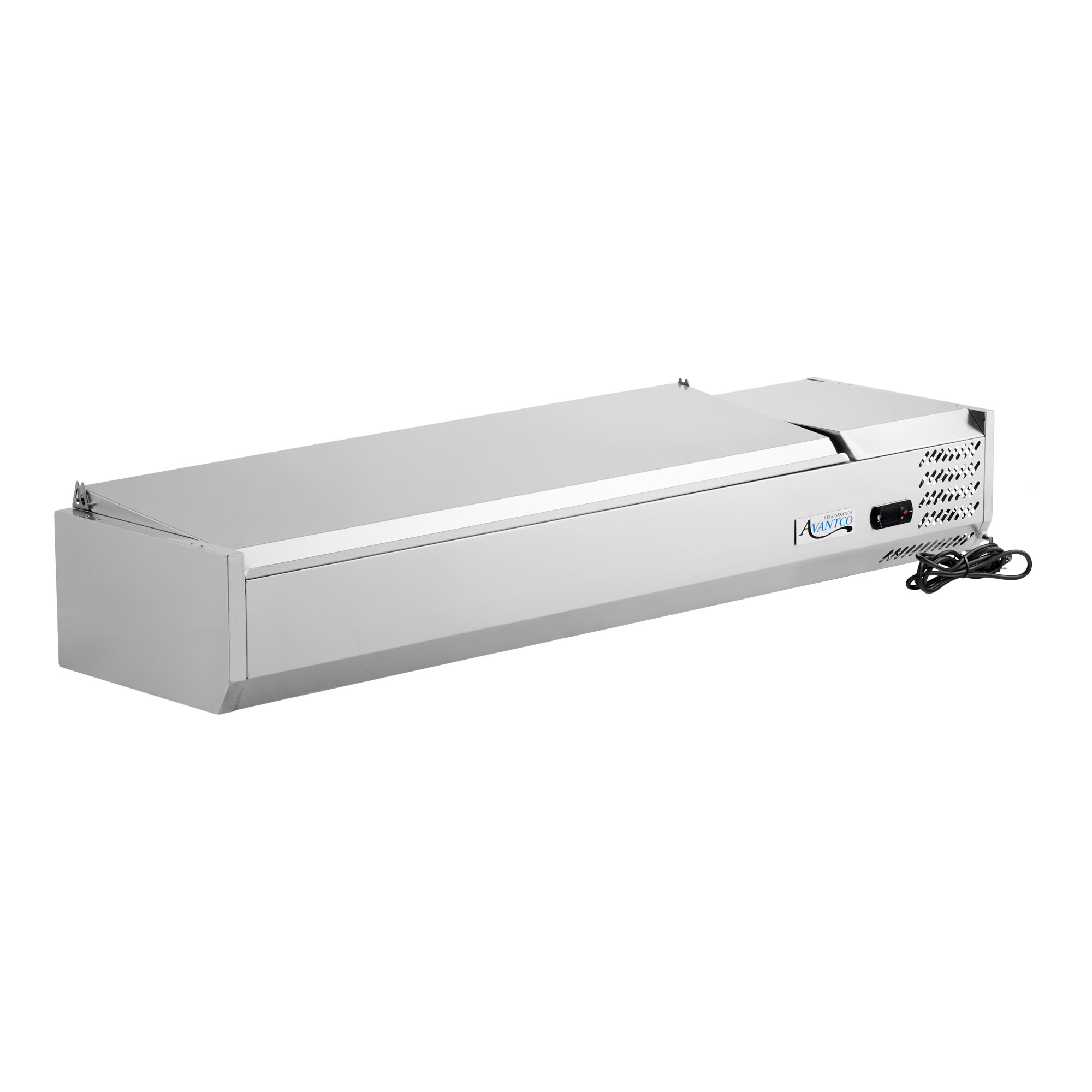 A stainless steel 59-inch countertop refrigerated prep rail with a power cord.