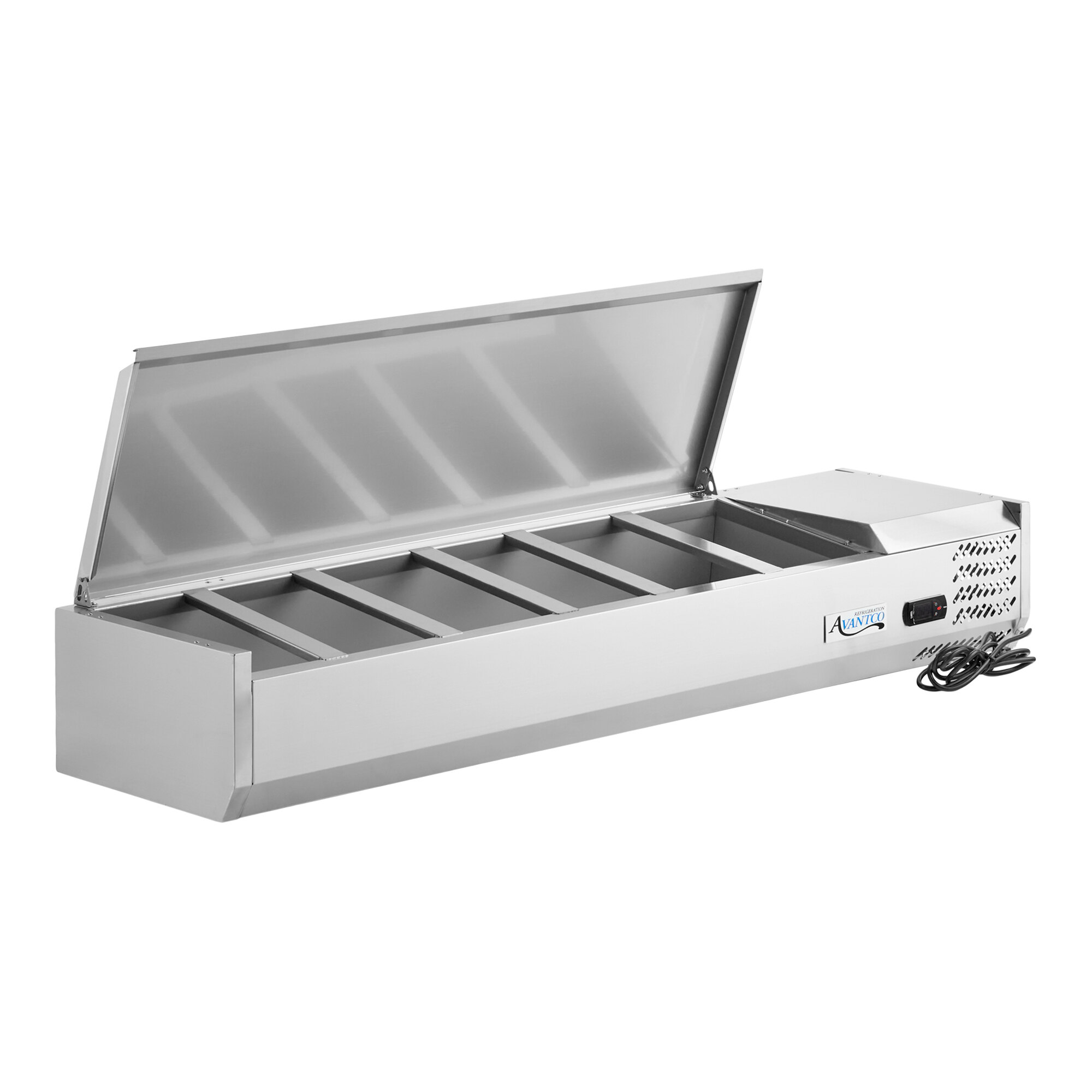 A stainless steel 59-inch countertop refrigerated prep rail with multiple compartments and a hinged lid.