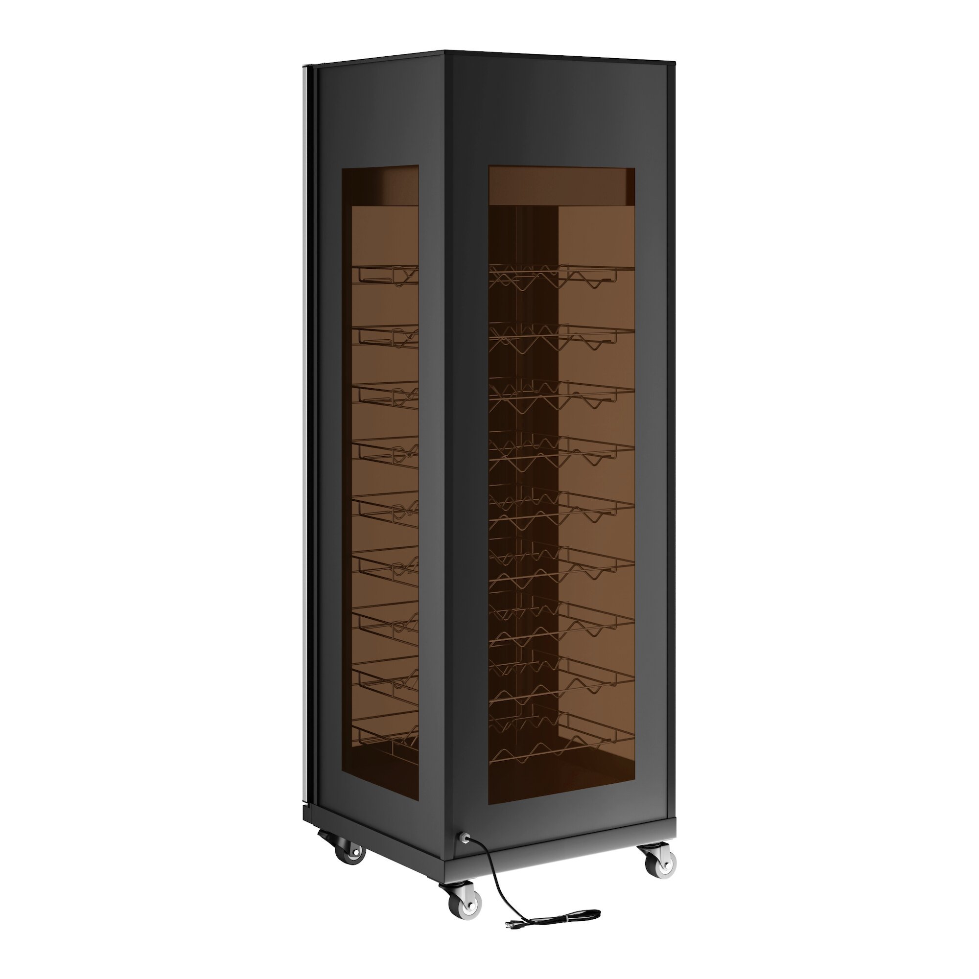 A single section glass-sided wine merchandiser with capacity for 81 bottles and mounted on wheels.